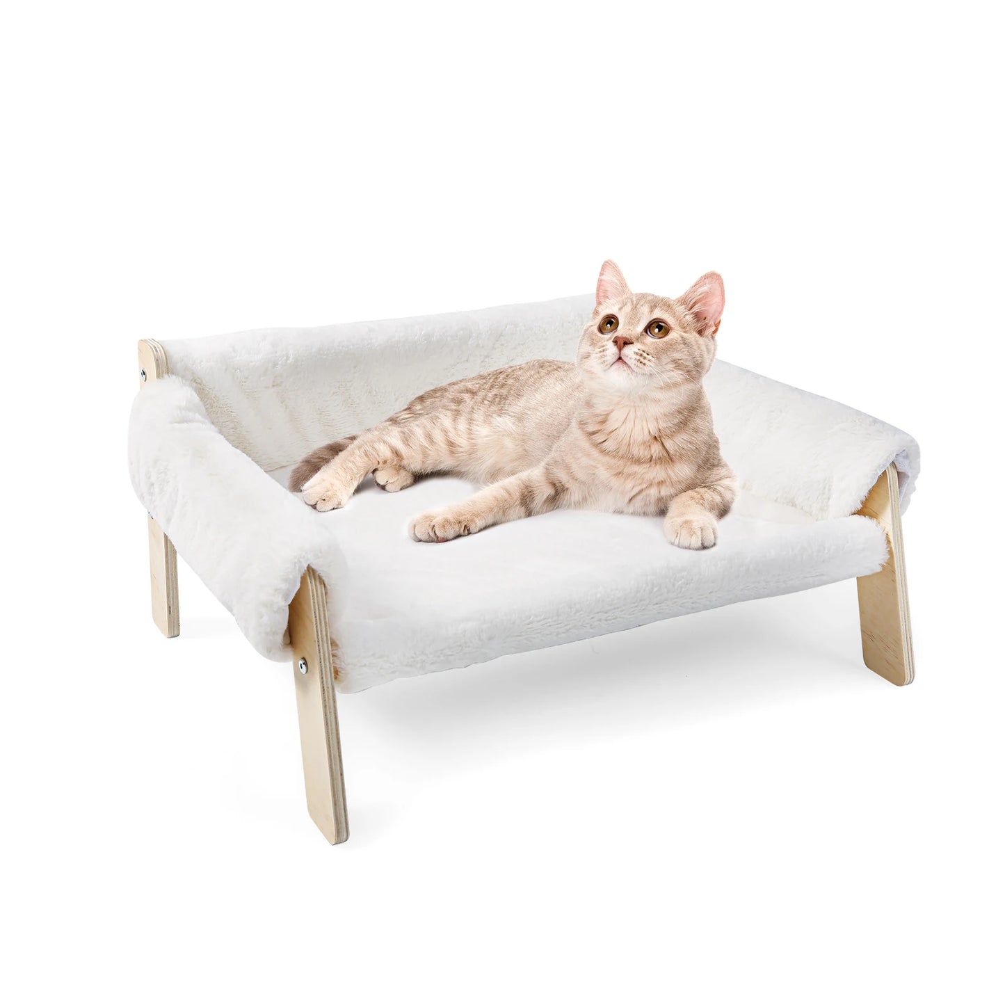 Large Raised Wooden Cat Bed With Plush Cushion Sofa For Indoor Cats