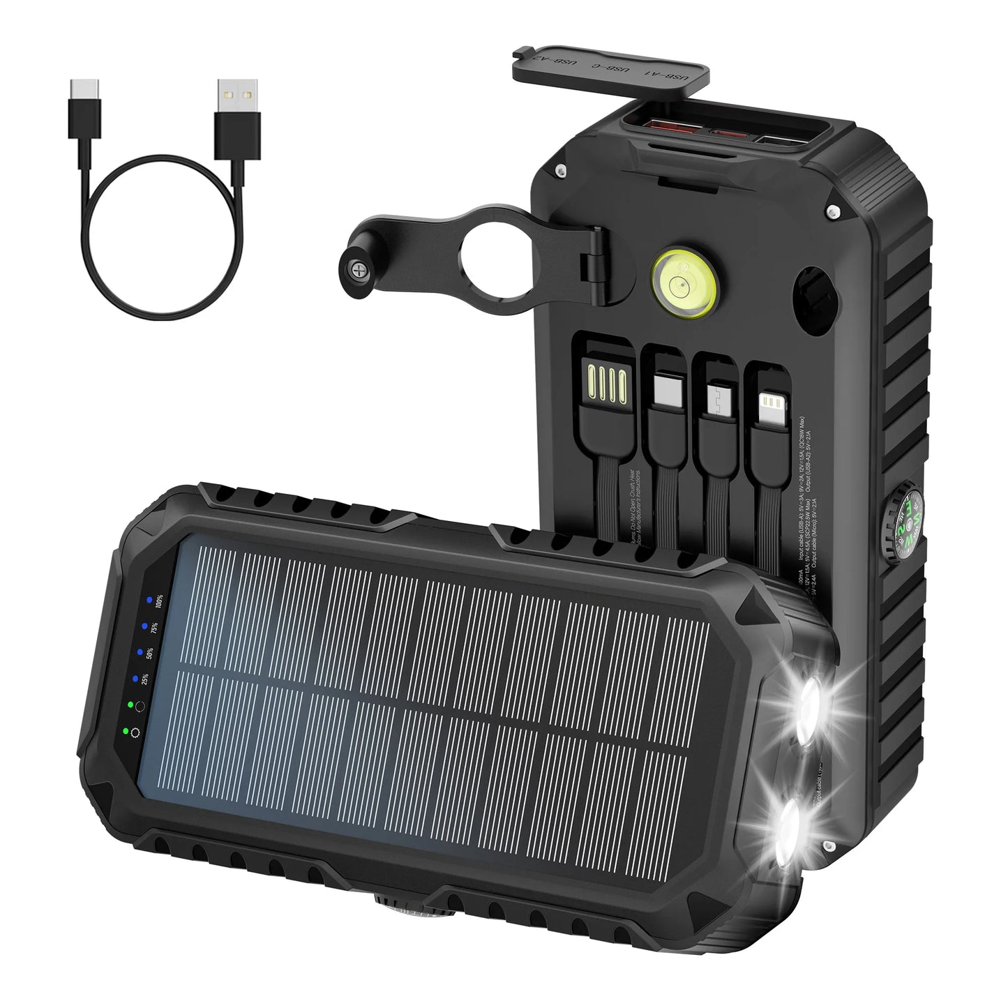 40000mAh Solar Power Bank With Hand Crank Built In Cables LED Flashlight