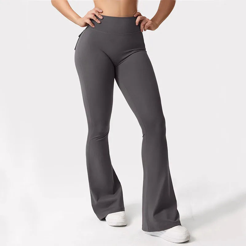 Womens High Waisted Yoga Flare Trousers With Pockets Wide Leg Gym Workout