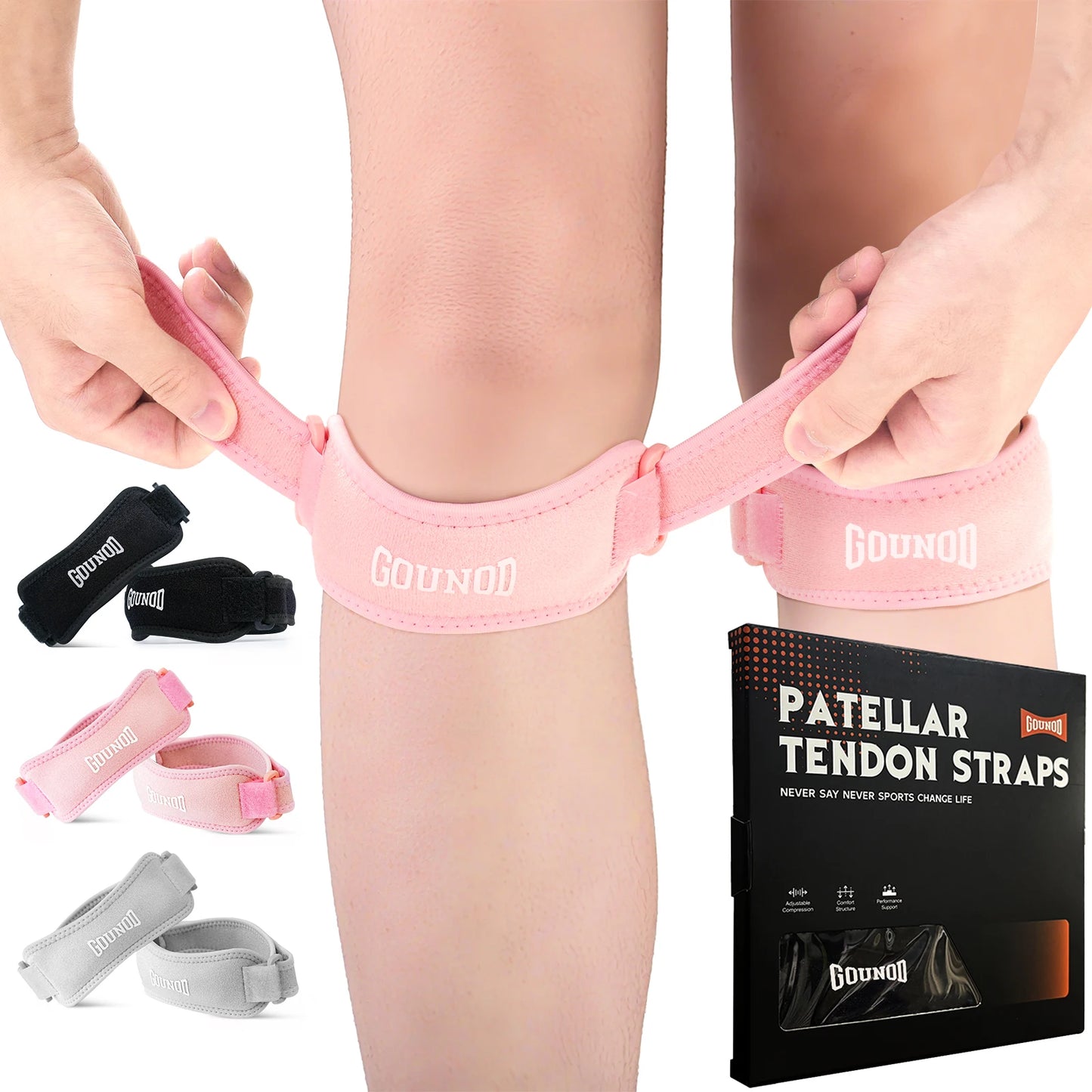 Relieve knee pain fast with GOUNOD Patella Knee Straps that stay in place during workouts and everyday activities.