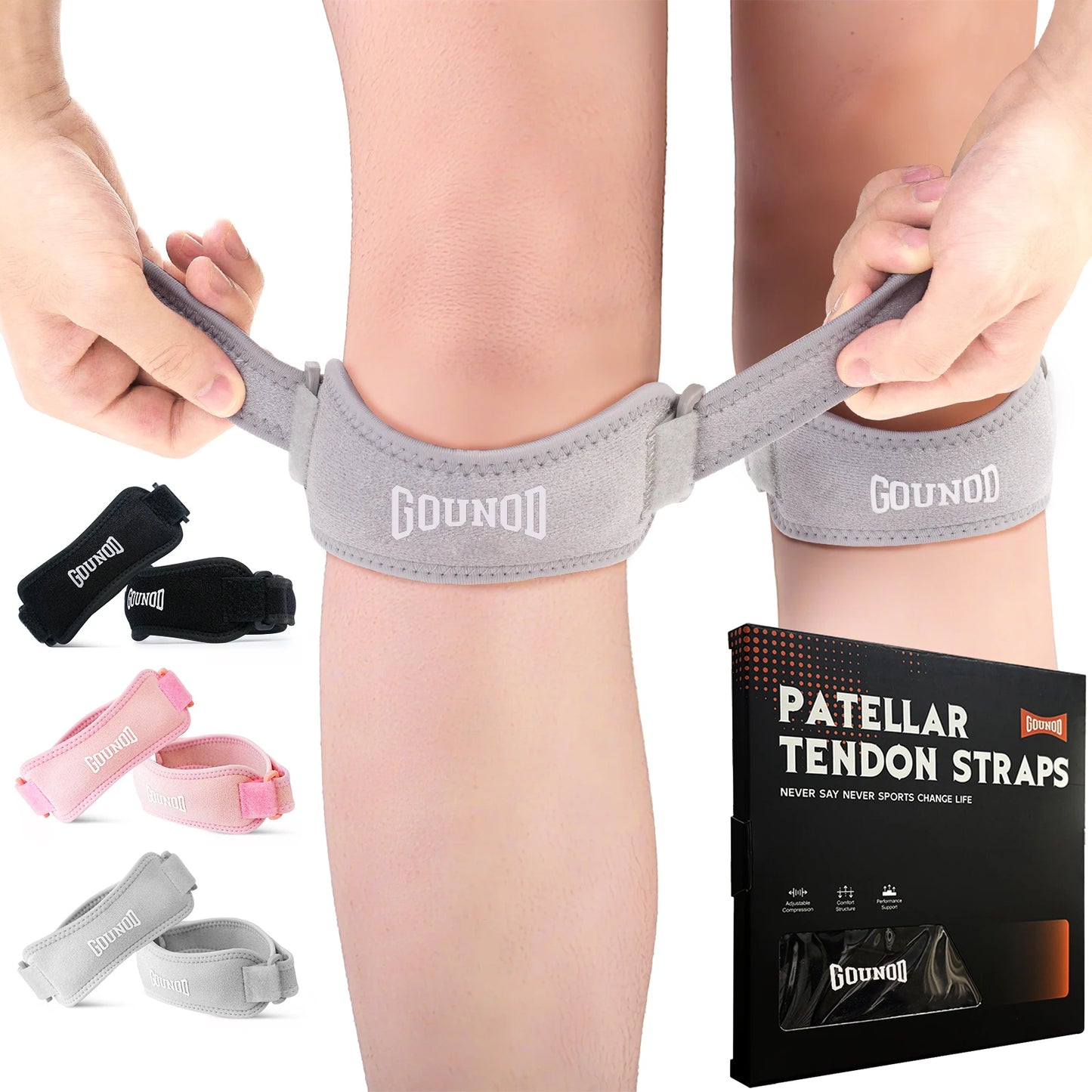 Relieve knee pain fast with GOUNOD Patella Knee Straps that stay in place during workouts and everyday activities.