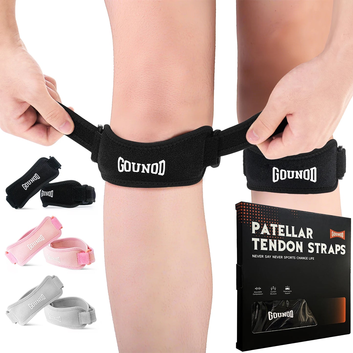 Relieve knee pain fast with GOUNOD Patella Knee Straps that stay in place during workouts and everyday activities.