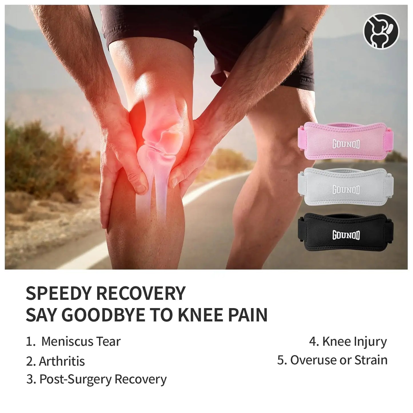 Relieve knee pain fast with GOUNOD Patella Knee Straps that stay in place during workouts and everyday activities.