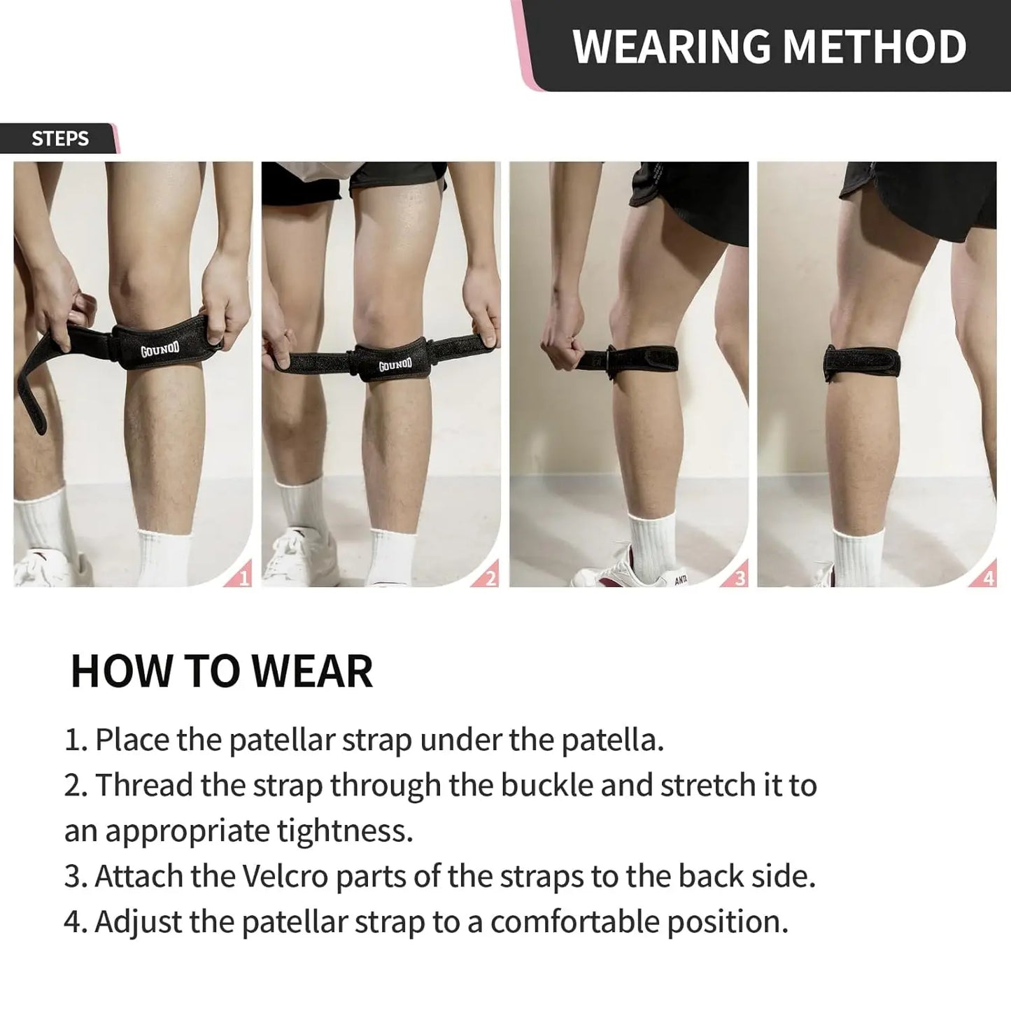 Relieve knee pain fast with GOUNOD Patella Knee Straps that stay in place during workouts and everyday activities.