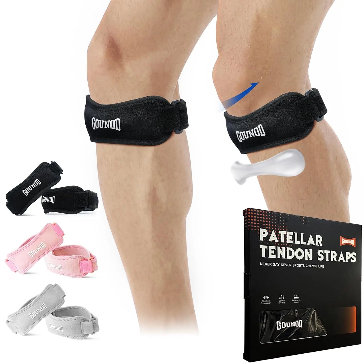 Relieve knee pain fast with GOUNOD Patella Knee Straps that stay in place during workouts and everyday activities.