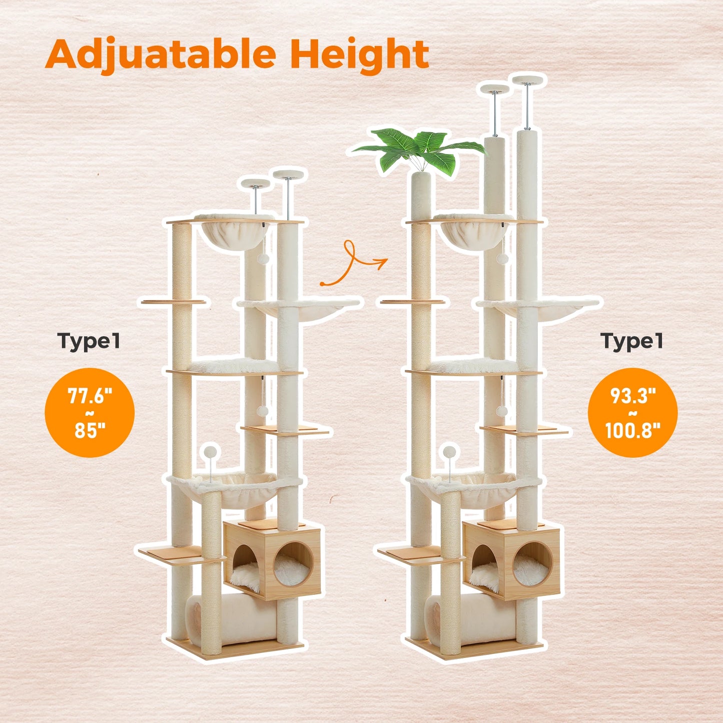 PAWZ Road Height Adjustable Wooden Cat Tree With Large Hammock And Sisal Posts