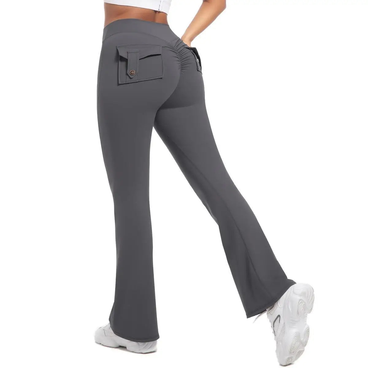 Womens High Waisted Yoga Flare Trousers With Pockets Wide Leg Gym Workout
