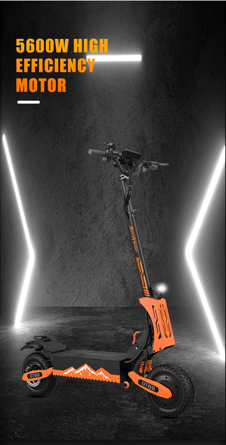 Experience raw power and fearless control with Arwibon's 5600W dual motor electric scooter, built to dominate roads and rugged trails alike.