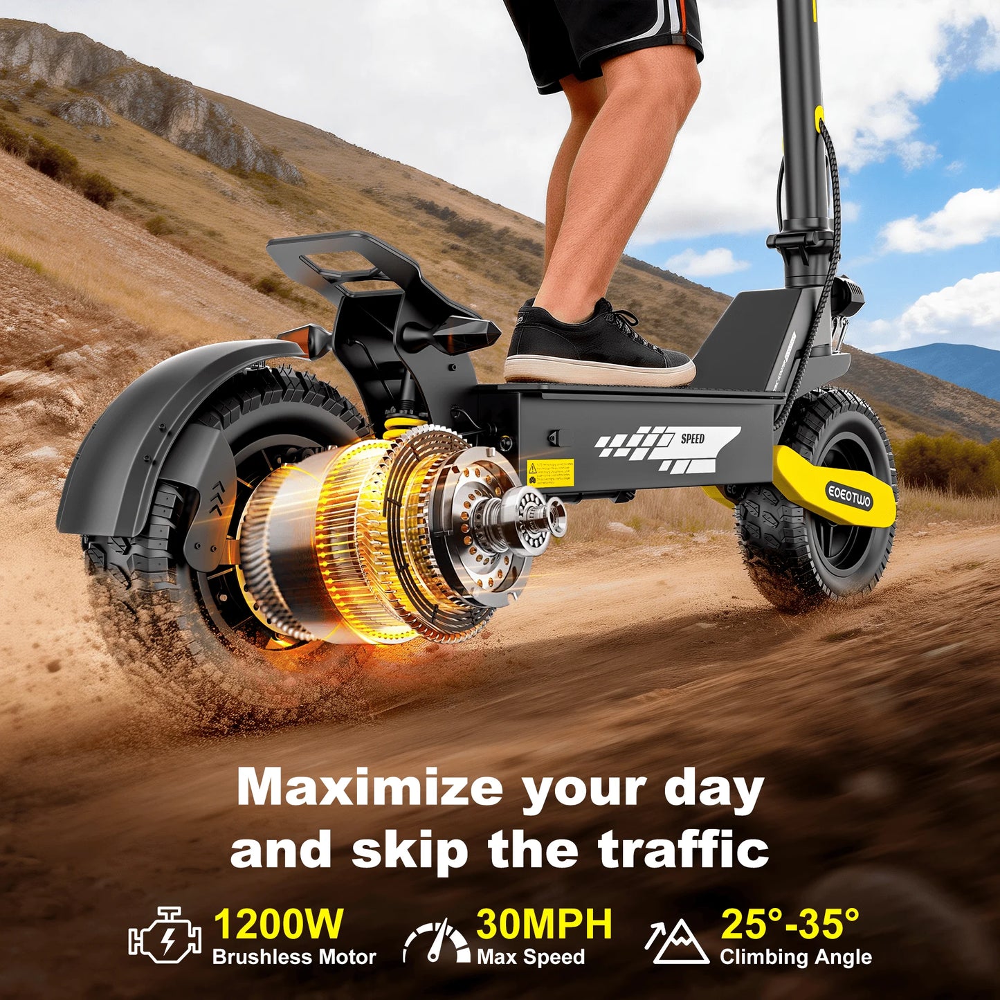 Ride the EOEOTWO GT06 electric scooter, a power-packed off-road marvel designed for speed, stability, and everyday adventures.