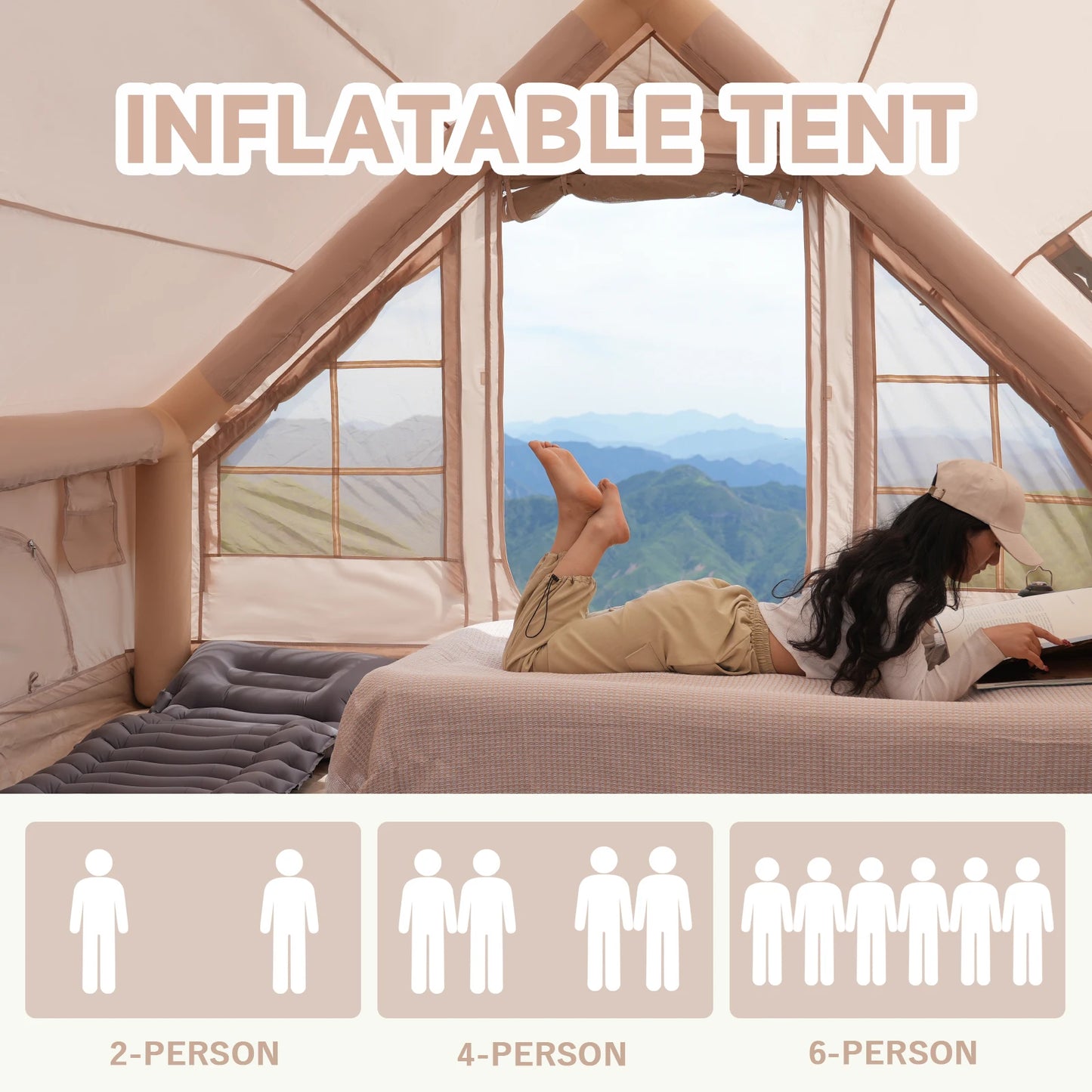 PAKICETUS Inflatable Tent With Skylight, Quick Setup Blow Up Tents With Pump, 4-6 PersonOutdoor Family Luxury Tent