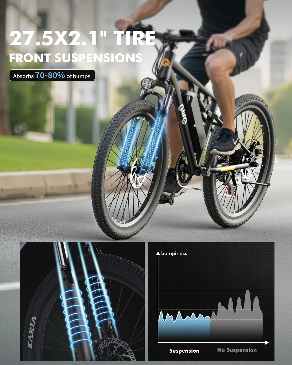 Qlife Racer Ultra 27.5" Electric Bicycle for Adults, Full Suspension 21-Speed Mountain Ebike with 1200W Brushless Motor, 48V 10.4AH Removable Battery 55 Miles