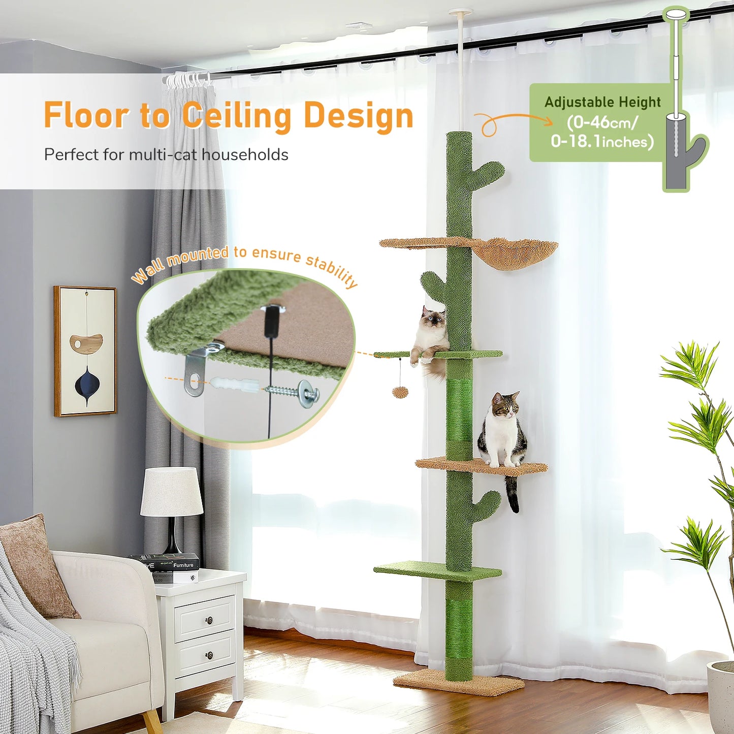 PAWZ Road 5 Tier Floor To Ceiling Cat Tree Cactus Tall Climbing Hammock Ball