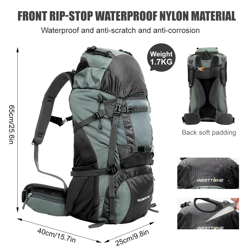 West Tune 60L Explorer Internal Frame Backpack Rain Cover