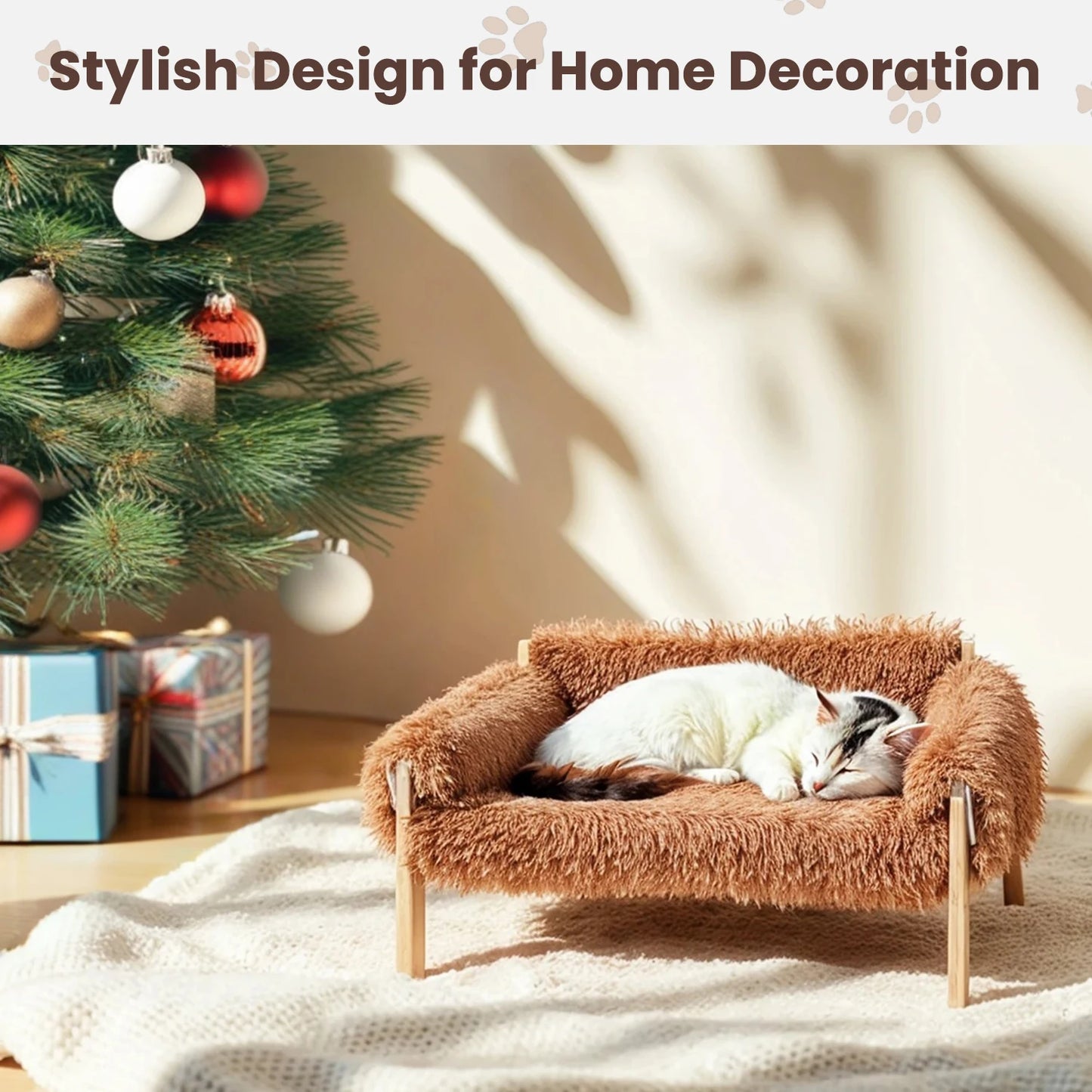 Large Raised Wooden Cat Bed With Plush Cushion Sofa For Indoor Cats