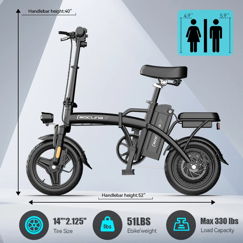 500W Electric Bicycles Ebike E-Bike For Adults, 3-Riding Modes, 14' Foldable Ebike, With Charger And Battery, MAX Speed 19.9 MPH, Rear Disc Brakes, With A Basket And Lock, Durable And Lightweight Frame, All-Terrain Foldable E