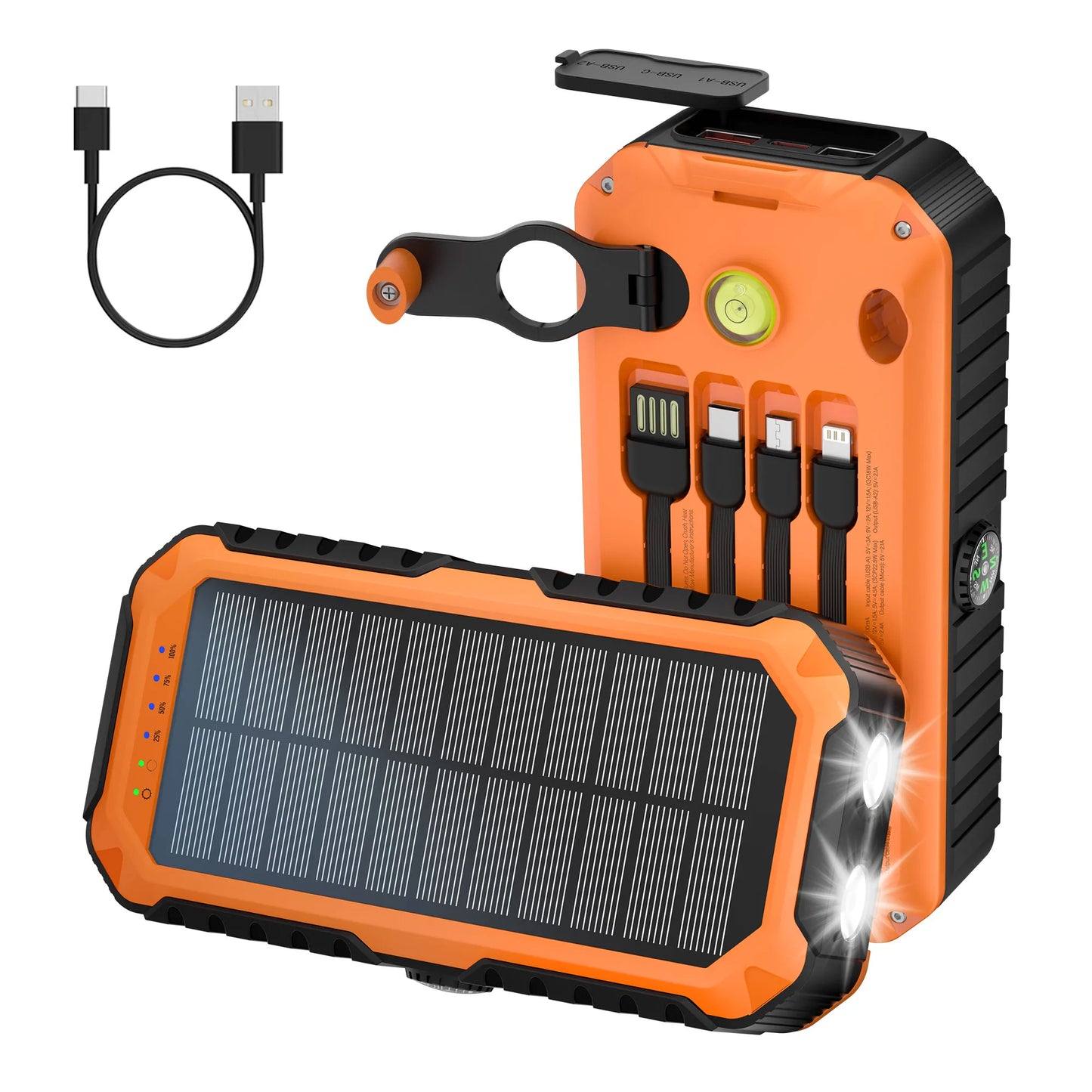40000mAh Solar Power Bank With Hand Crank Built In Cables LED Flashlight