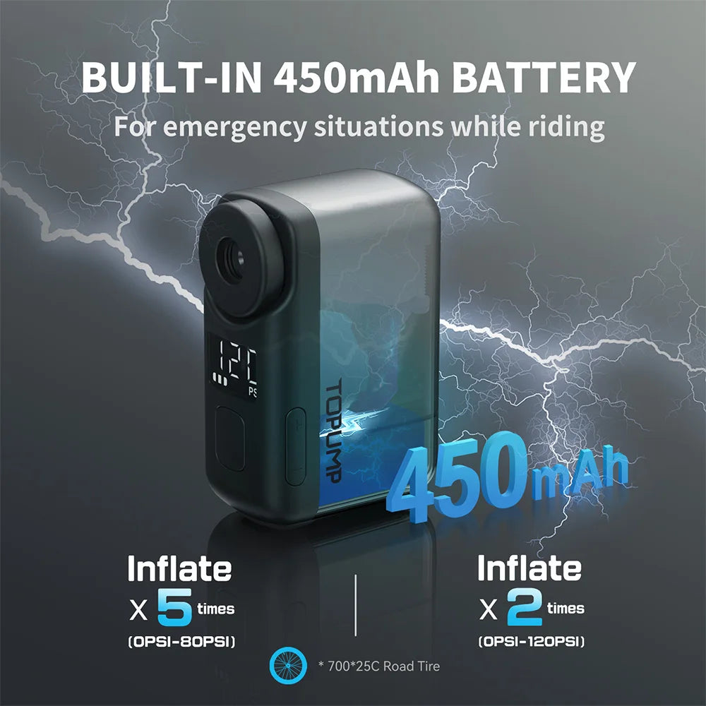 Power up your rides with the Topump TB2 PRO Electric Mini Portable Pump for quick, cordless tire inflation.