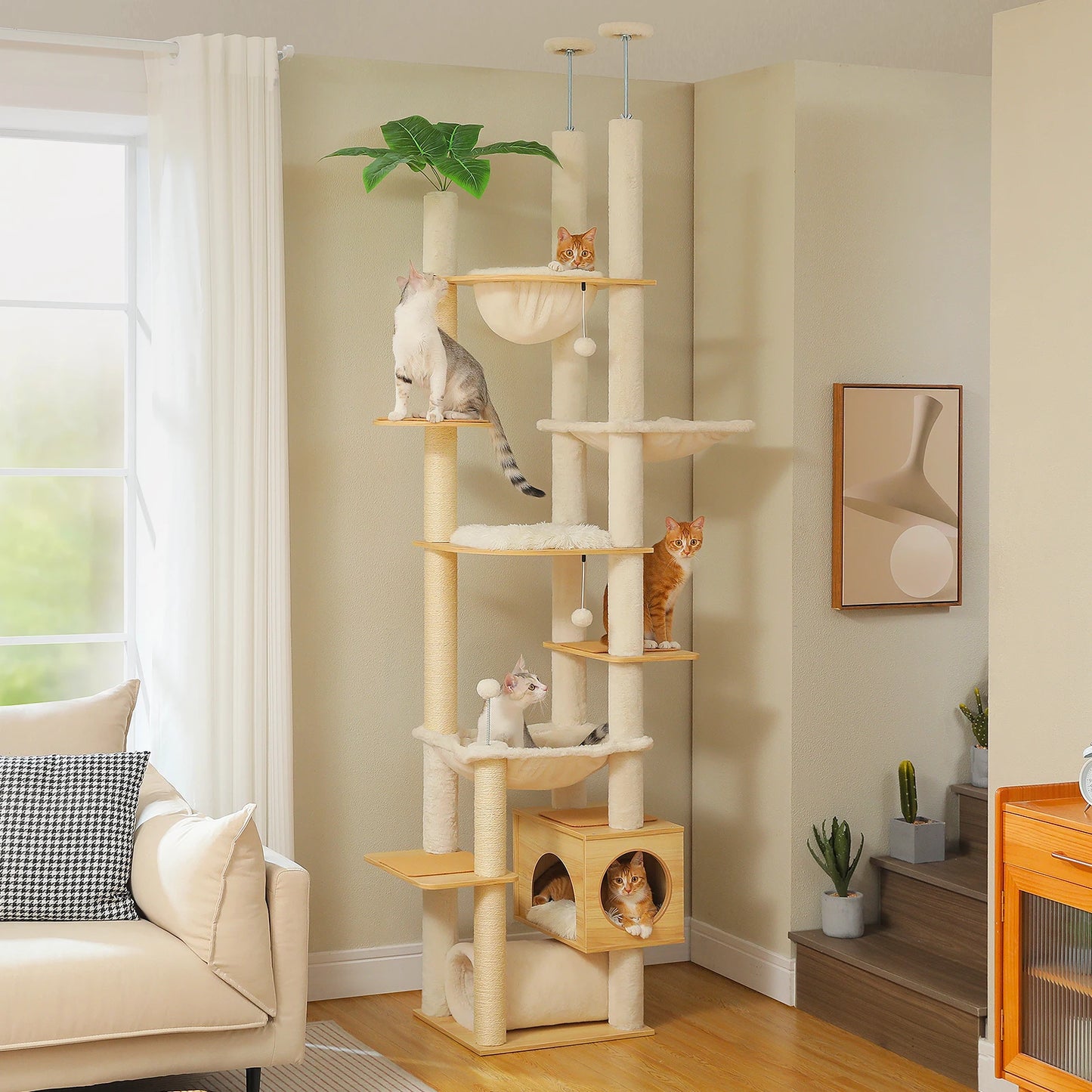 PAWZ Road Height Adjustable Wooden Cat Tree With Large Hammock And Sisal Posts