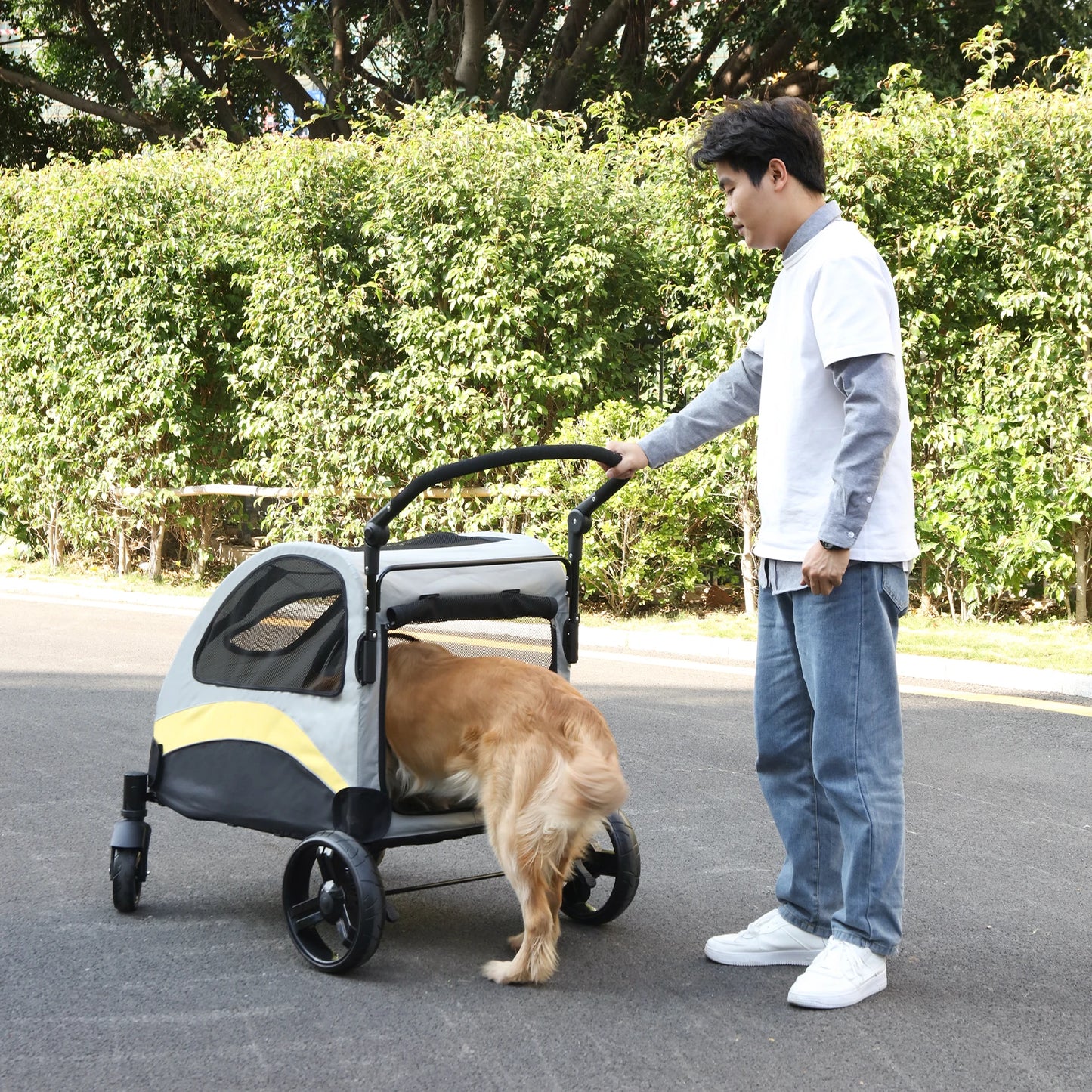Take your furry companion anywhere with this foldable, four-wheel stroller designed for large dogs and everyday adventures, built for comfort, durability, and effortless travel.