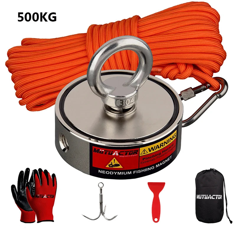 Unleash magnetic strength with the AMAZING-MAG 500 kg round magnet set, built for rugged outdoor tasks such as treasure hunts, industrial lifting, and deep river searches.