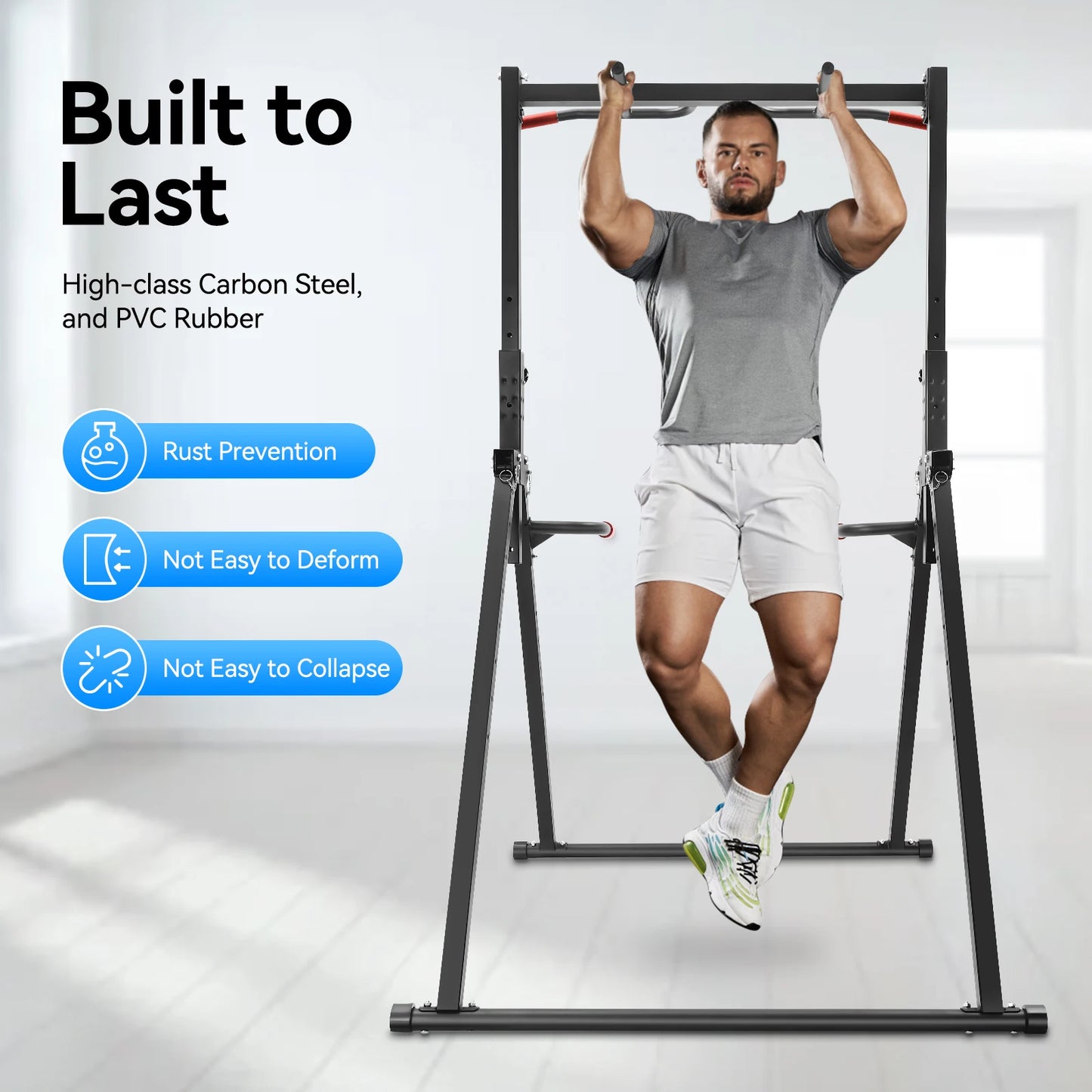 Elevate your home workouts with this sturdy, foldable pull-up bar system built for serious strength training.