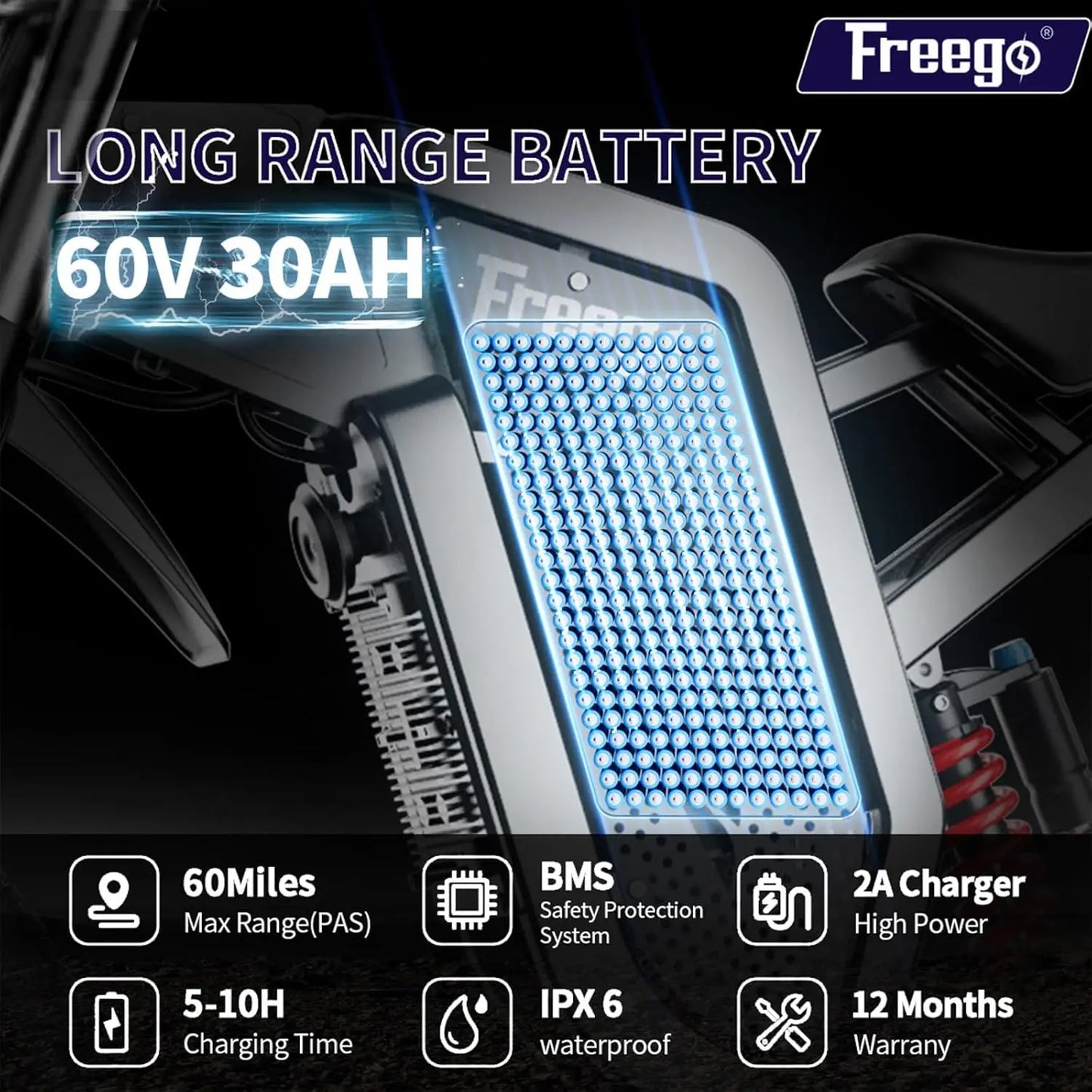 Freego X2 Electric Dirt Bike 6000W Motor 60V 30Ah Removable Battery Max 50Mph E-Bike 19" x2" Tire Electric Motorcycle for Adults
