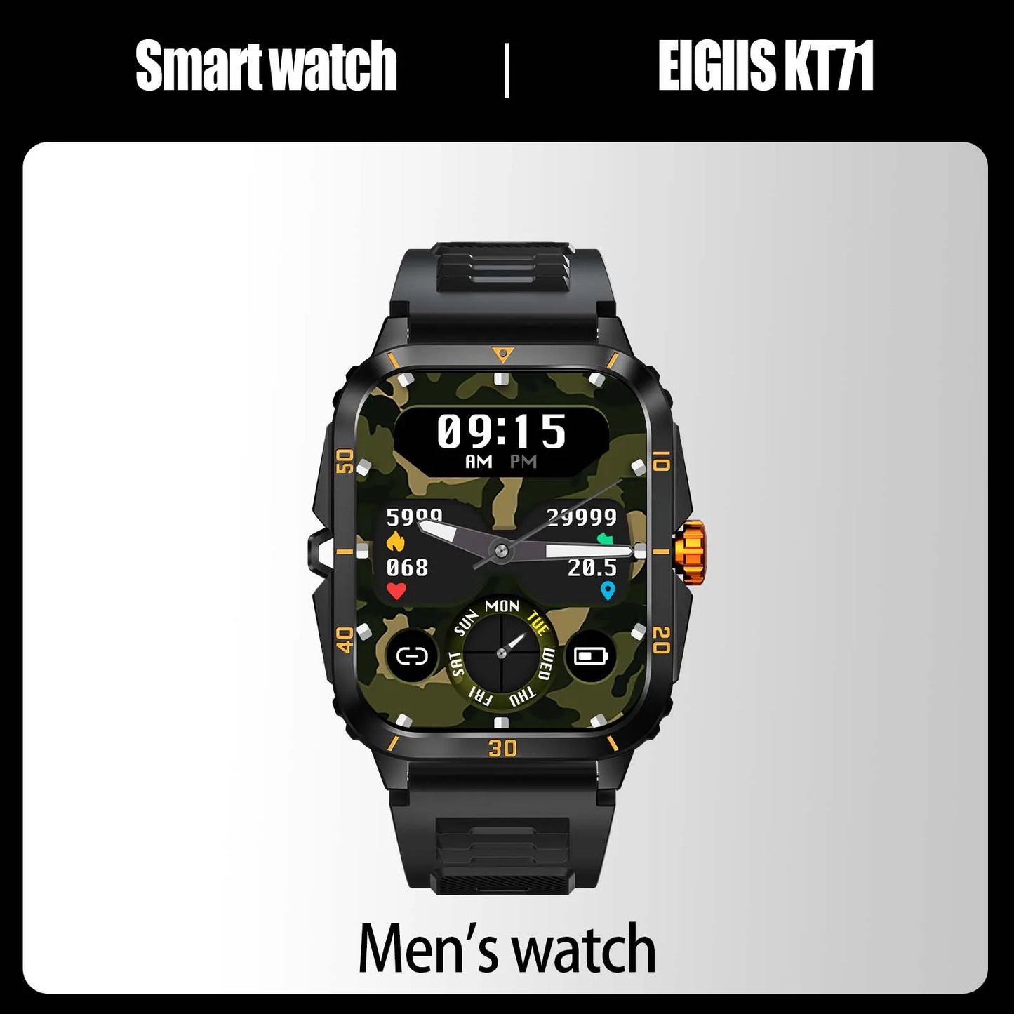 EIGIIS KT71 Smartwatch 3ATM Waterproof 1.96 Inch IPS Screen Heart Rate Bluetooth