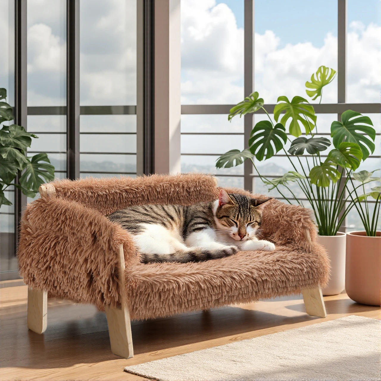 Large Raised Wooden Cat Bed With Plush Cushion Sofa For Indoor Cats