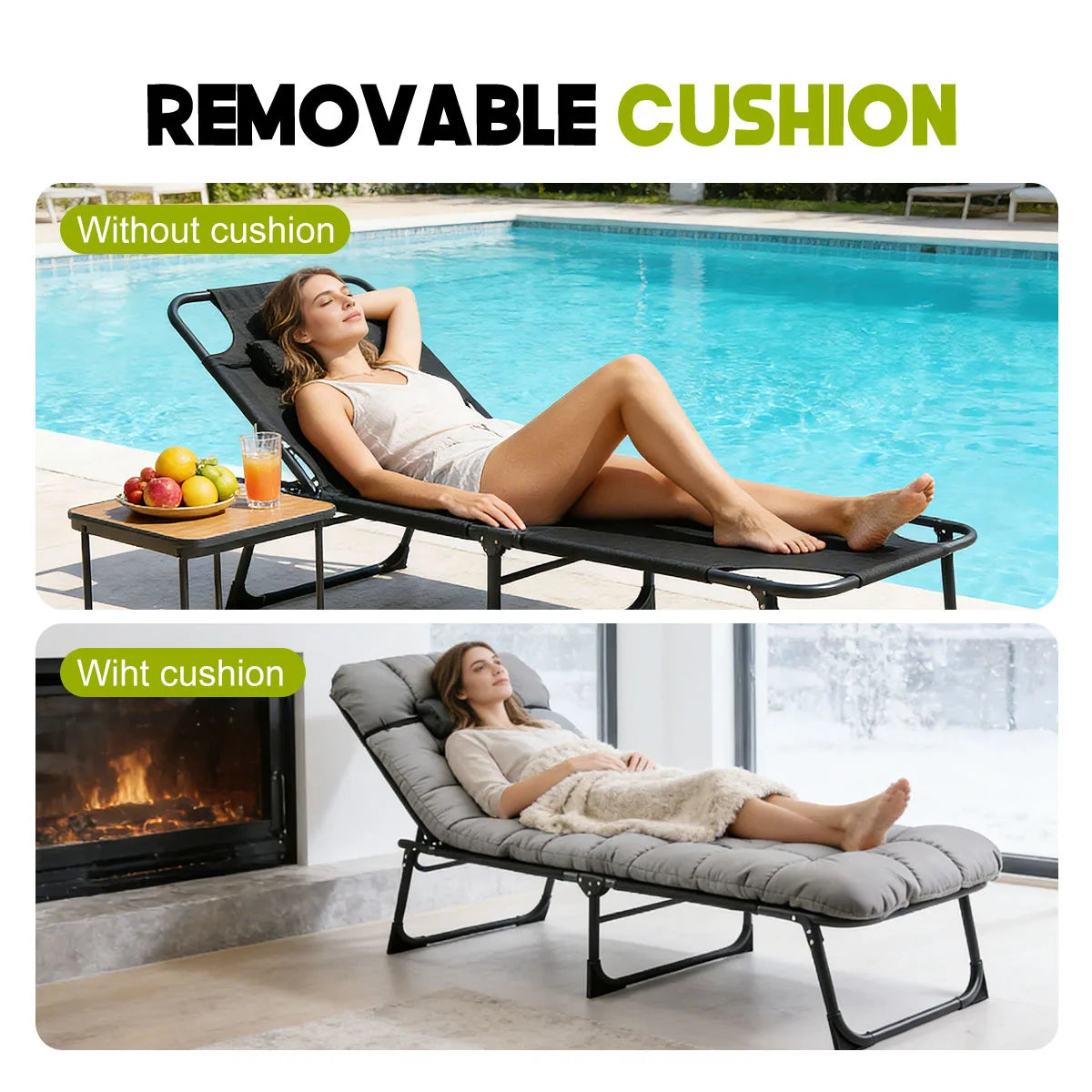 Folding Adjustable Camping Lounge Chair with Cushion for Beach and Pool