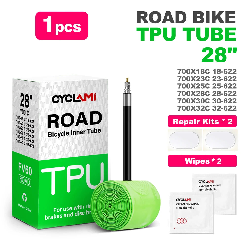 2 pcs CYCLAMI TPU Material Ultralight 30g Bike Inner Tube 700C 18 32 Road Bicycle Tire 45 65 85 mm Length French Valve FV Green