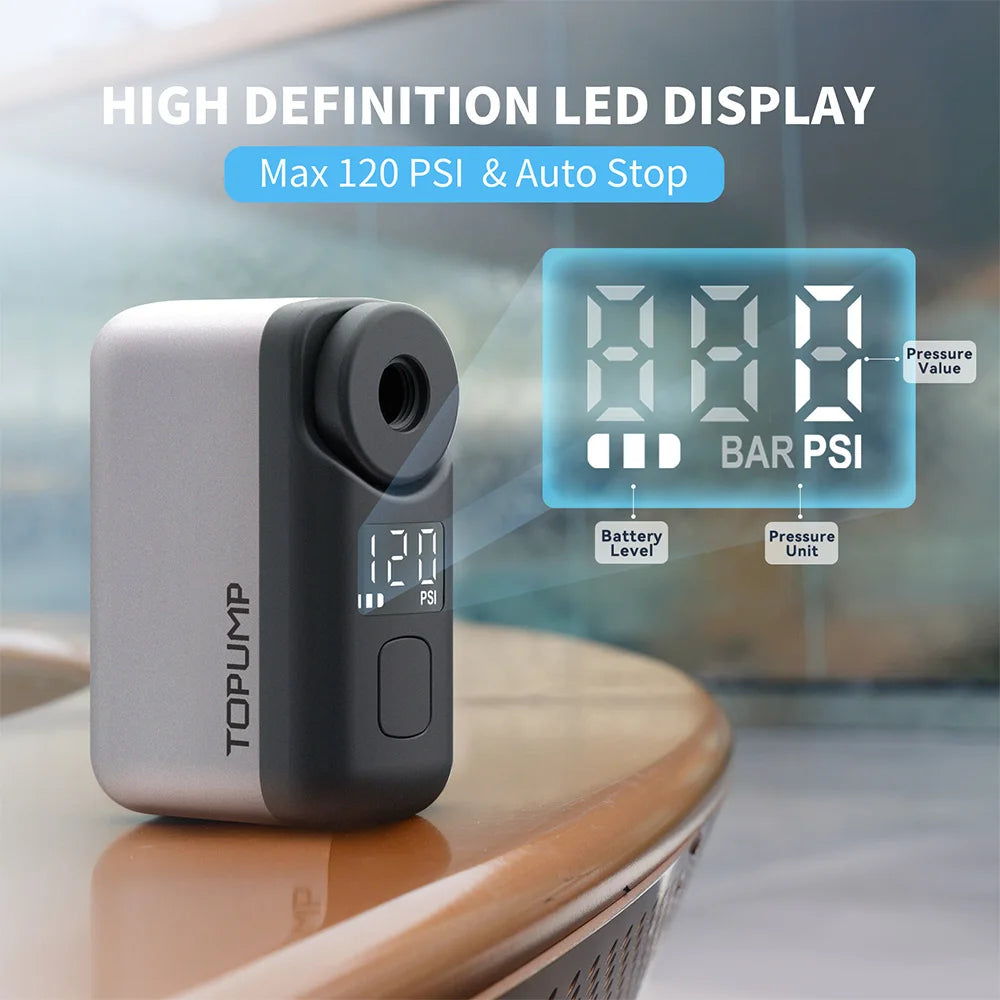 Power up your rides with the Topump TB2 PRO Electric Mini Portable Pump for quick, cordless tire inflation.