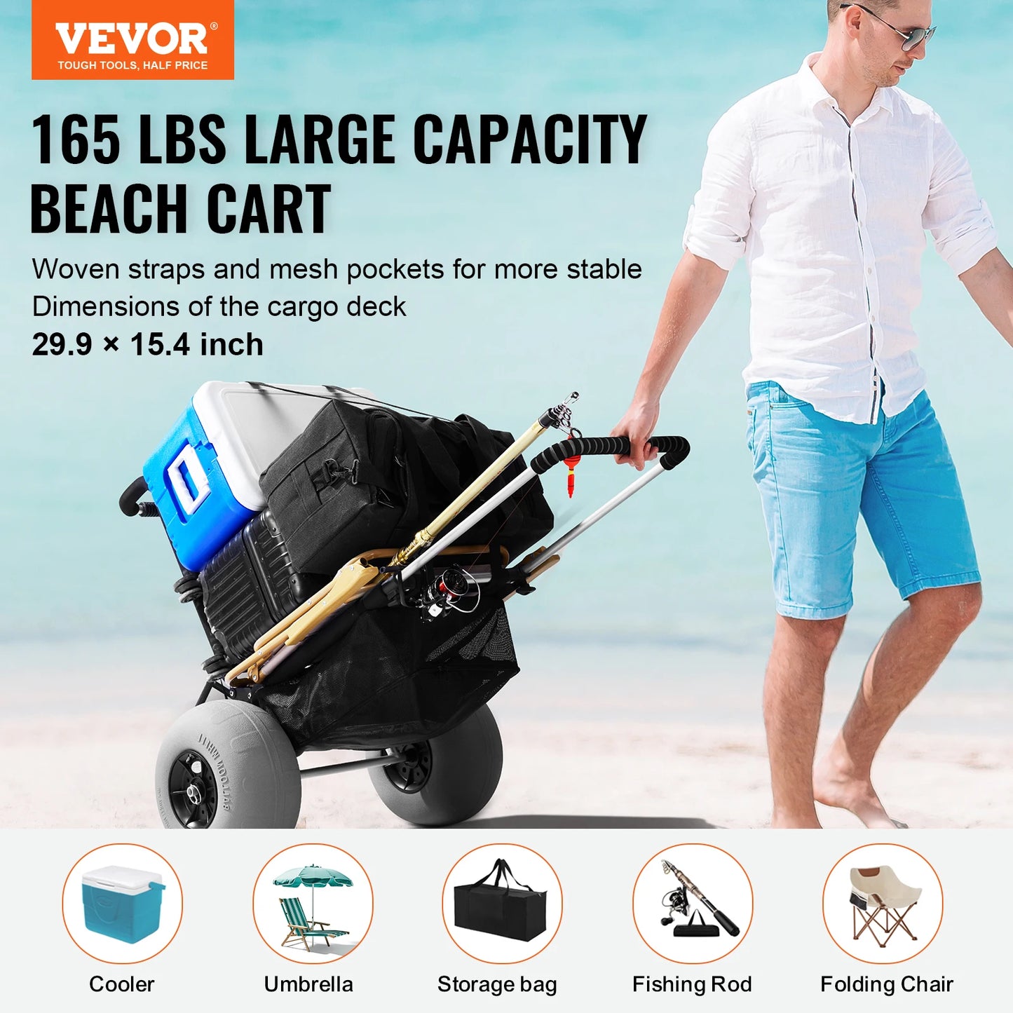 SucceBuy Beach Dolly with Big Wheels for Sand 29.9"x15.4"/15.4"x15.7" Cargo Deck 10-12" Balloon / Solid Wheel Folding Sand Cart