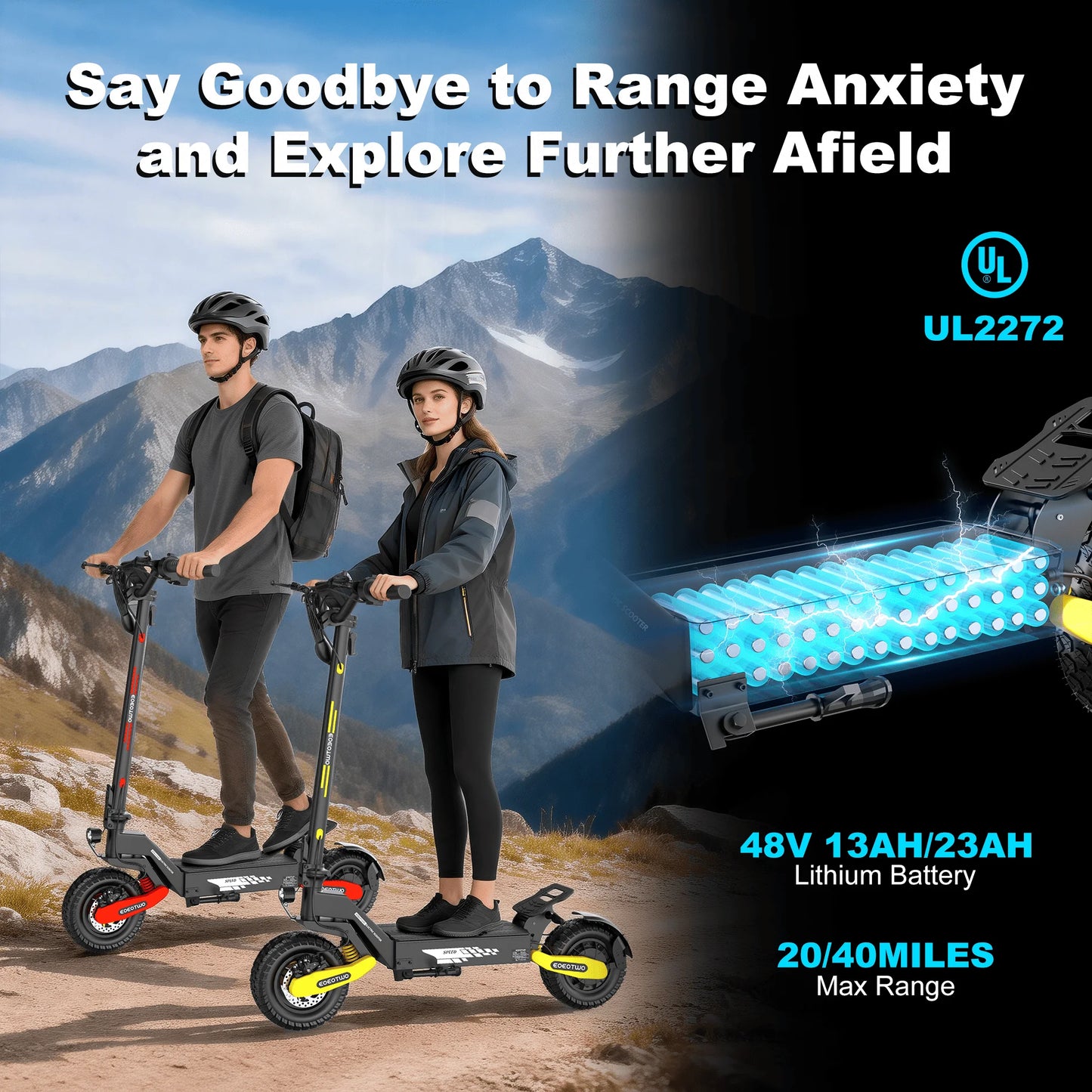 Ride the EOEOTWO GT06 electric scooter, a power-packed off-road marvel designed for speed, stability, and everyday adventures.
