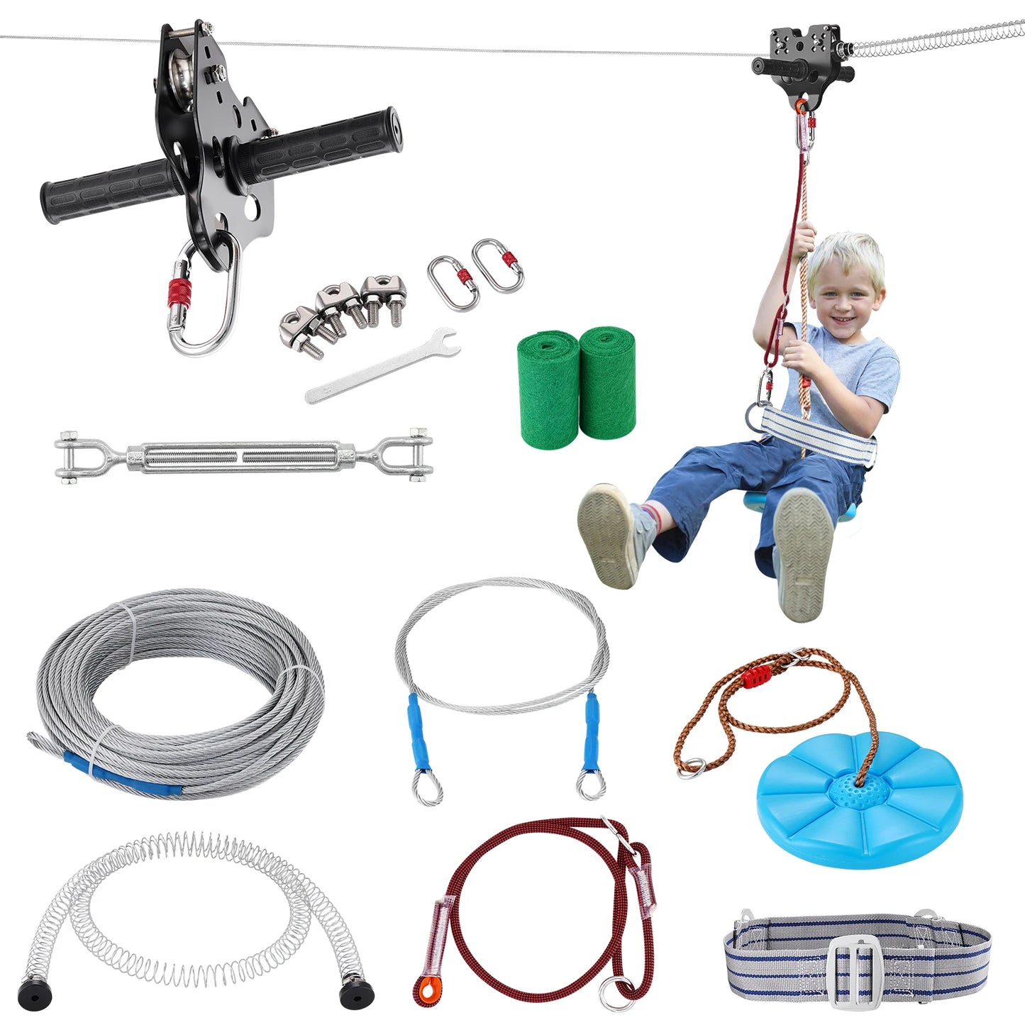 SucceBuy Zipline Kit 60 To 120 Ft Stainless Steel Cable Safety Harness Seat
