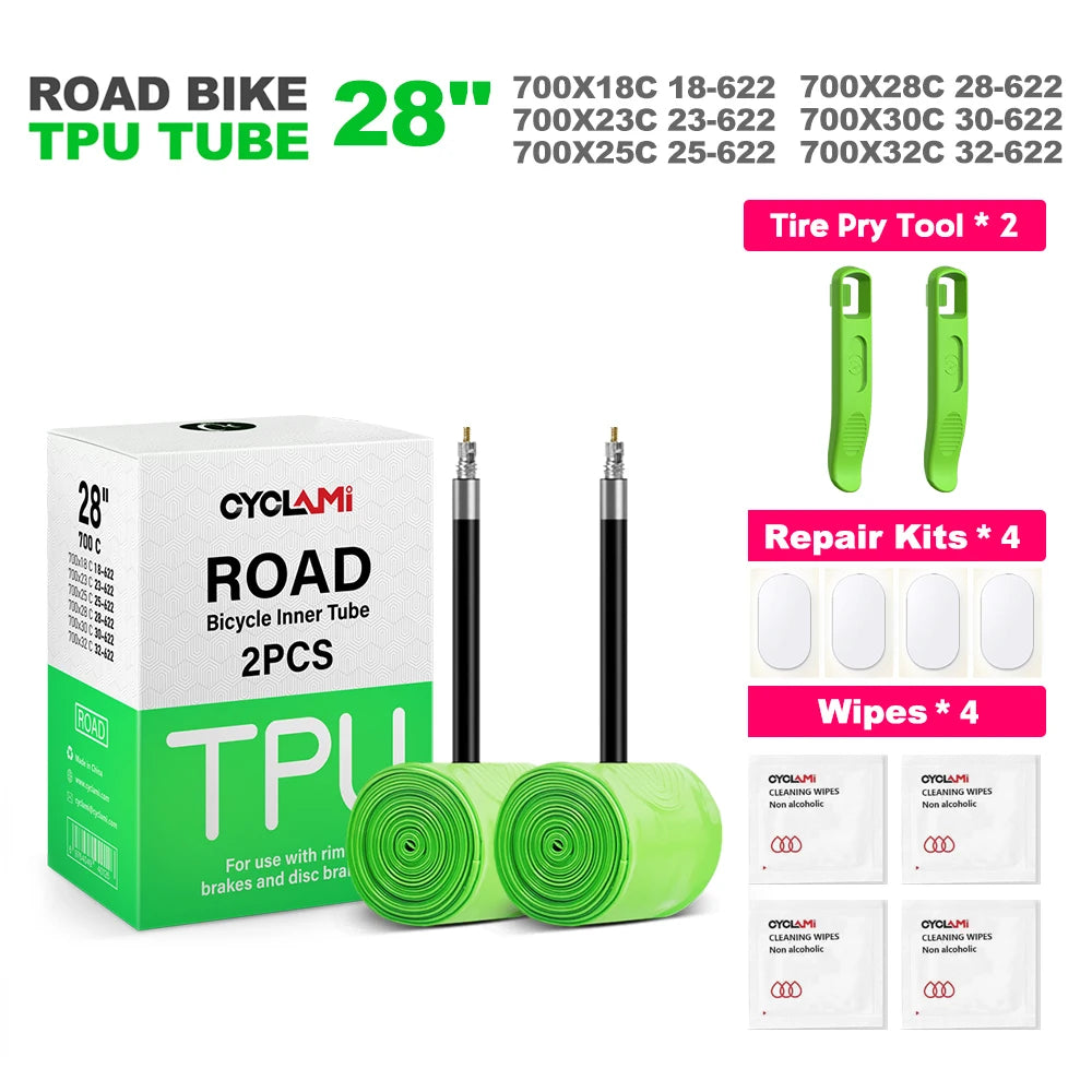 2 pcs CYCLAMI TPU Material Ultralight 30g Bike Inner Tube 700C 18 32 Road Bicycle Tire 45 65 85 mm Length French Valve FV Green