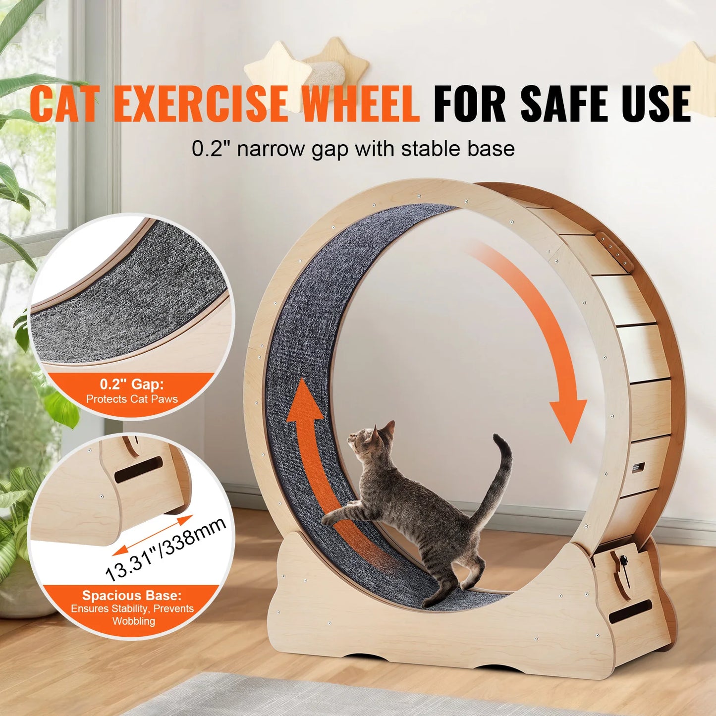 Give your indoor cat a fun, safe cardio workout with this sturdy wooden exercise wheel designed for daily use.