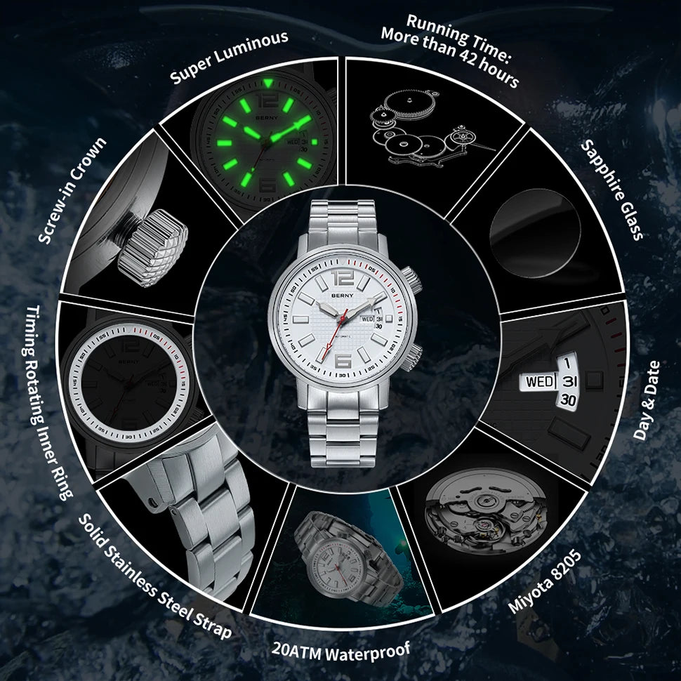 BERNY 20ATM Diver Mechanical Watch For Men Super Luminous Sapphire Automatic