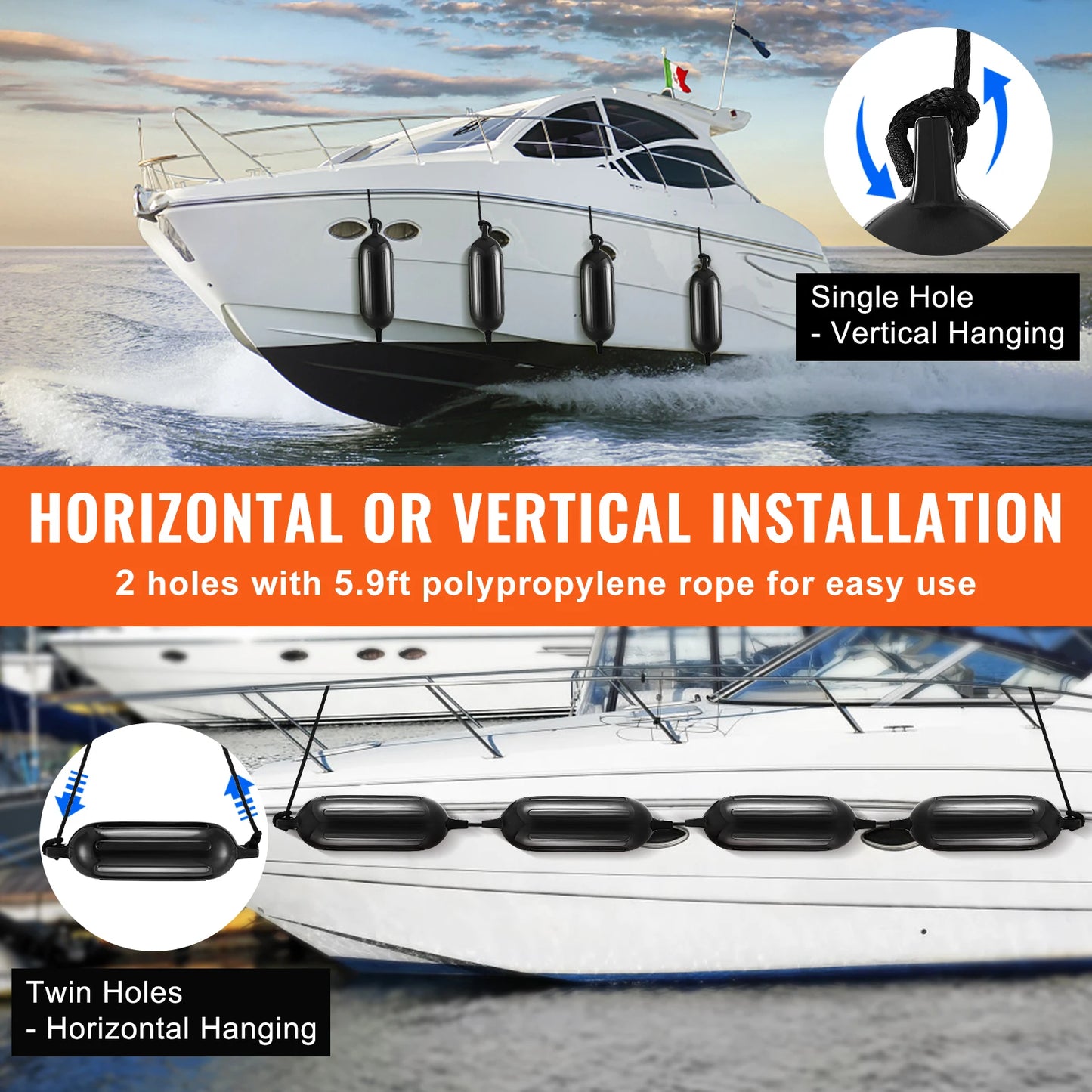 SucceBuy Inflatable Ribbed Fender with Center Holes Marine Boat Dock Fender Bumper with Air Pump 4 Needles 4 Ropes & Storage Bag