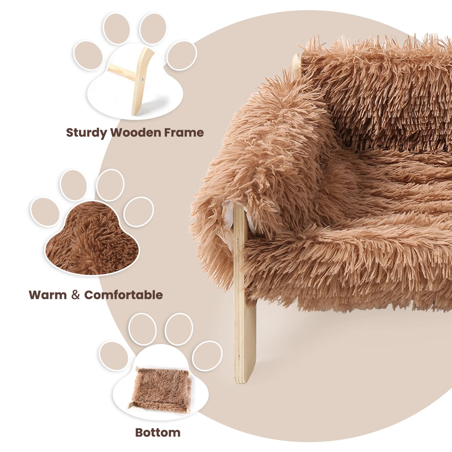 Large Raised Wooden Cat Bed With Plush Cushion Sofa For Indoor Cats