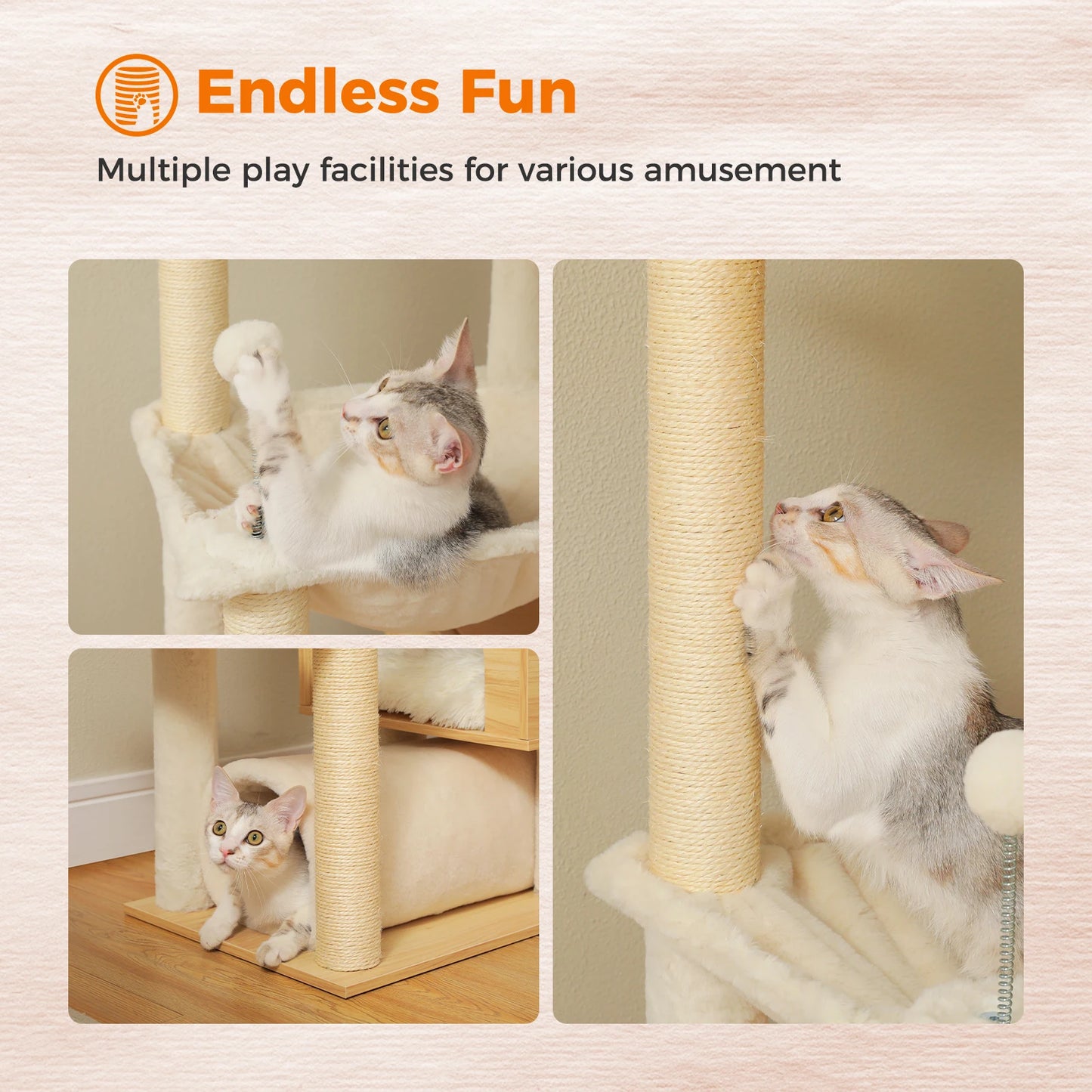 PAWZ Road Height Adjustable Wooden Cat Tree With Large Hammock And Sisal Posts