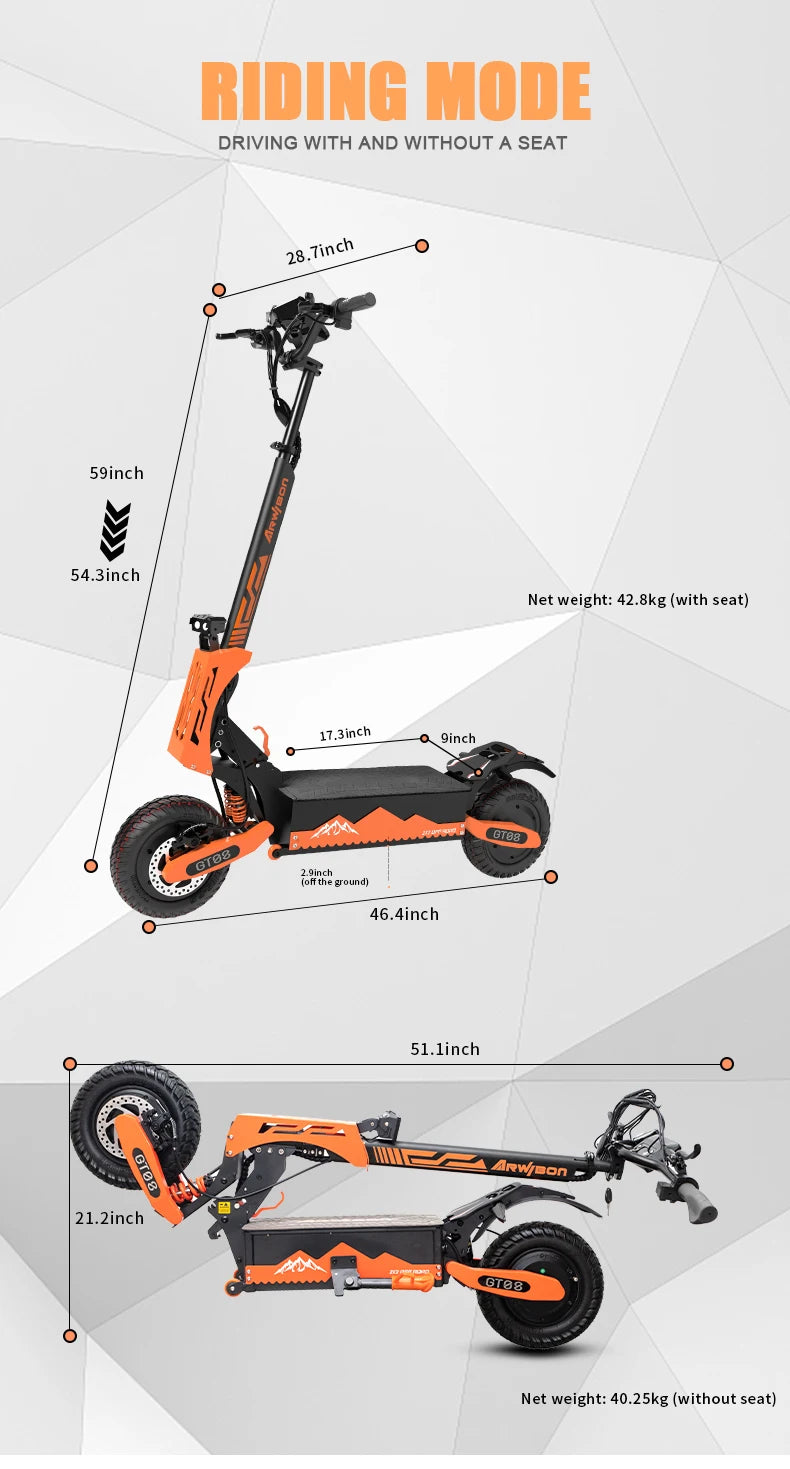 Experience raw power and fearless control with Arwibon's 5600W dual motor electric scooter, built to dominate roads and rugged trails alike.