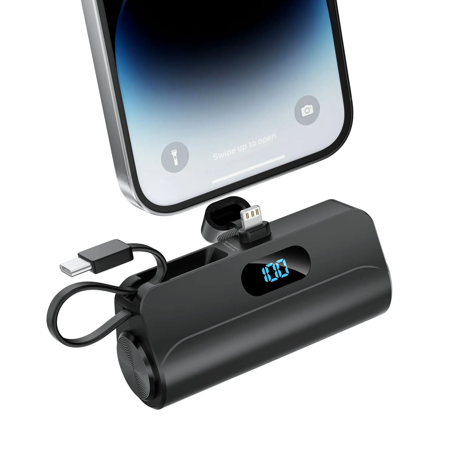 5000mAh Mini Portable Charger with Built-in Lightning port&Type-C Cable, Foldable Stand, LED Digital Display