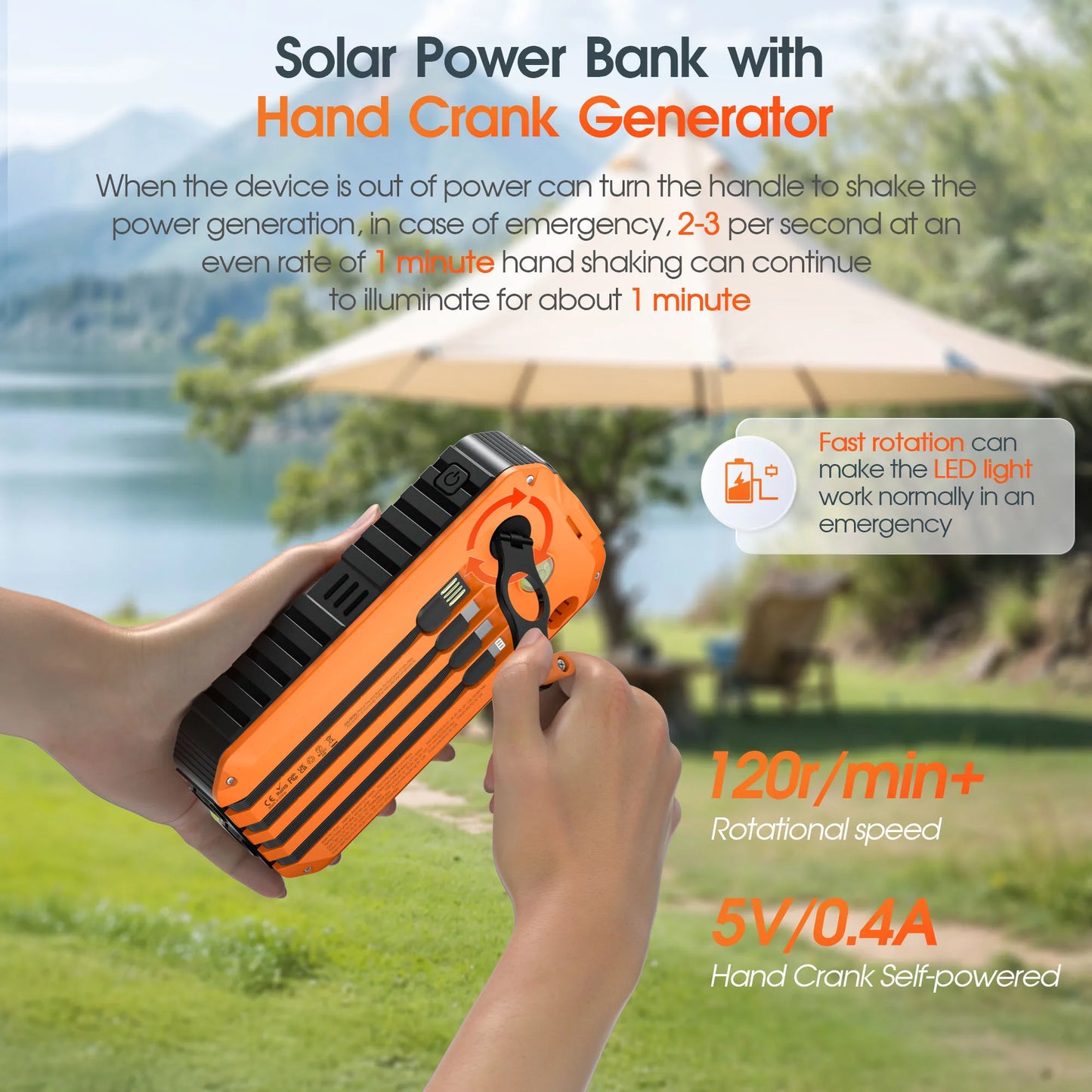 40000mAh Solar Power Bank With Hand Crank Built In Cables LED Flashlight