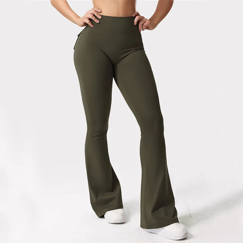 Women's High Waist Yoga Flare Trousers With Pockets Wide Leg