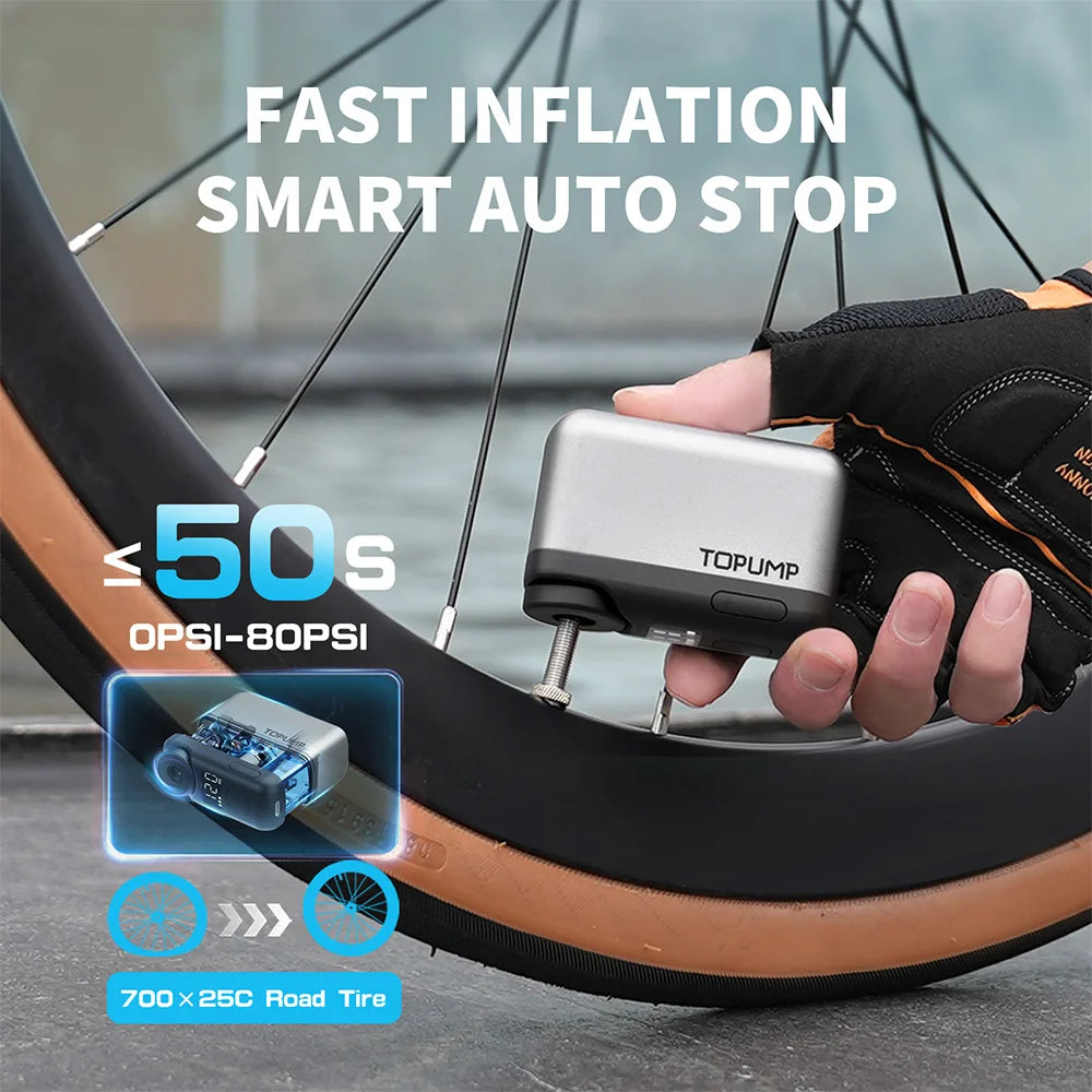 Power up your rides with the Topump TB2 PRO Electric Mini Portable Pump for quick, cordless tire inflation.