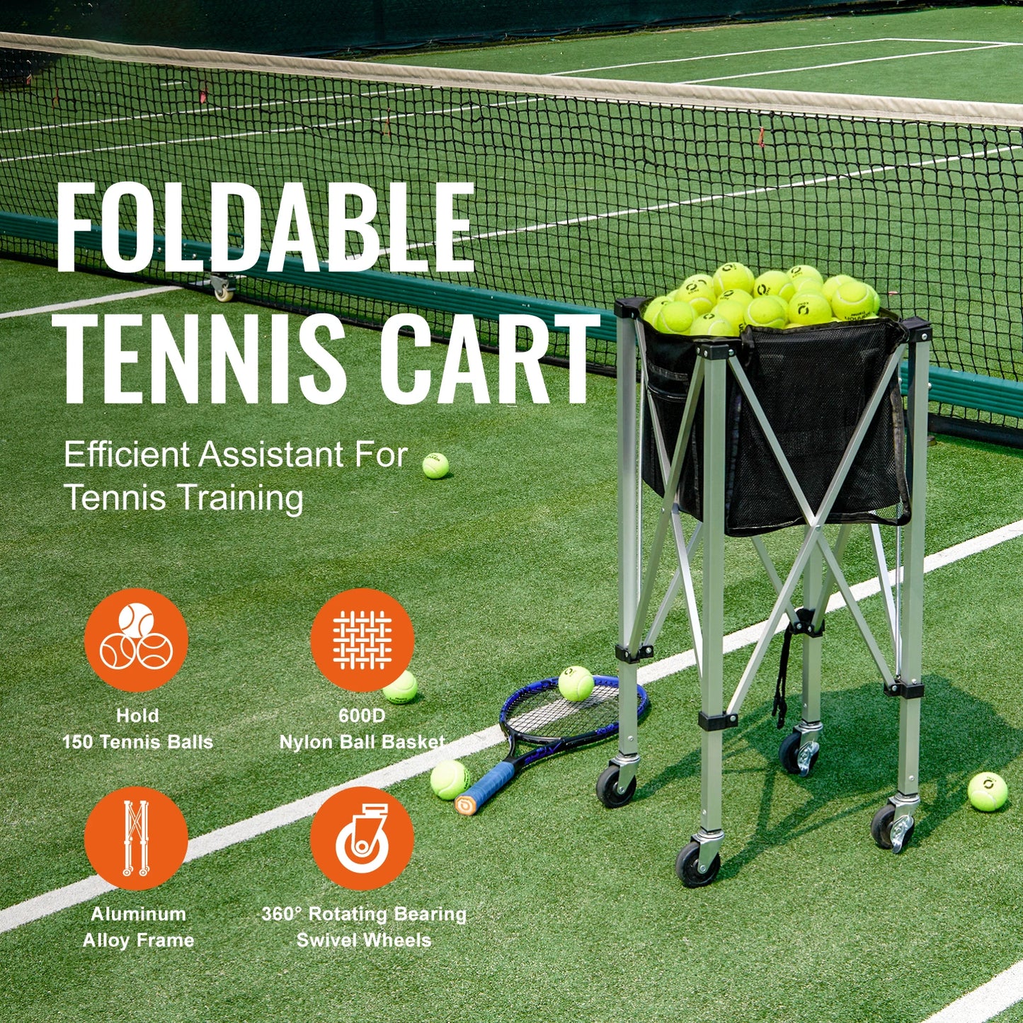 SucceBuy Foldable Tennis Ball Cart With Wheels Holds 150 To 180 Balls