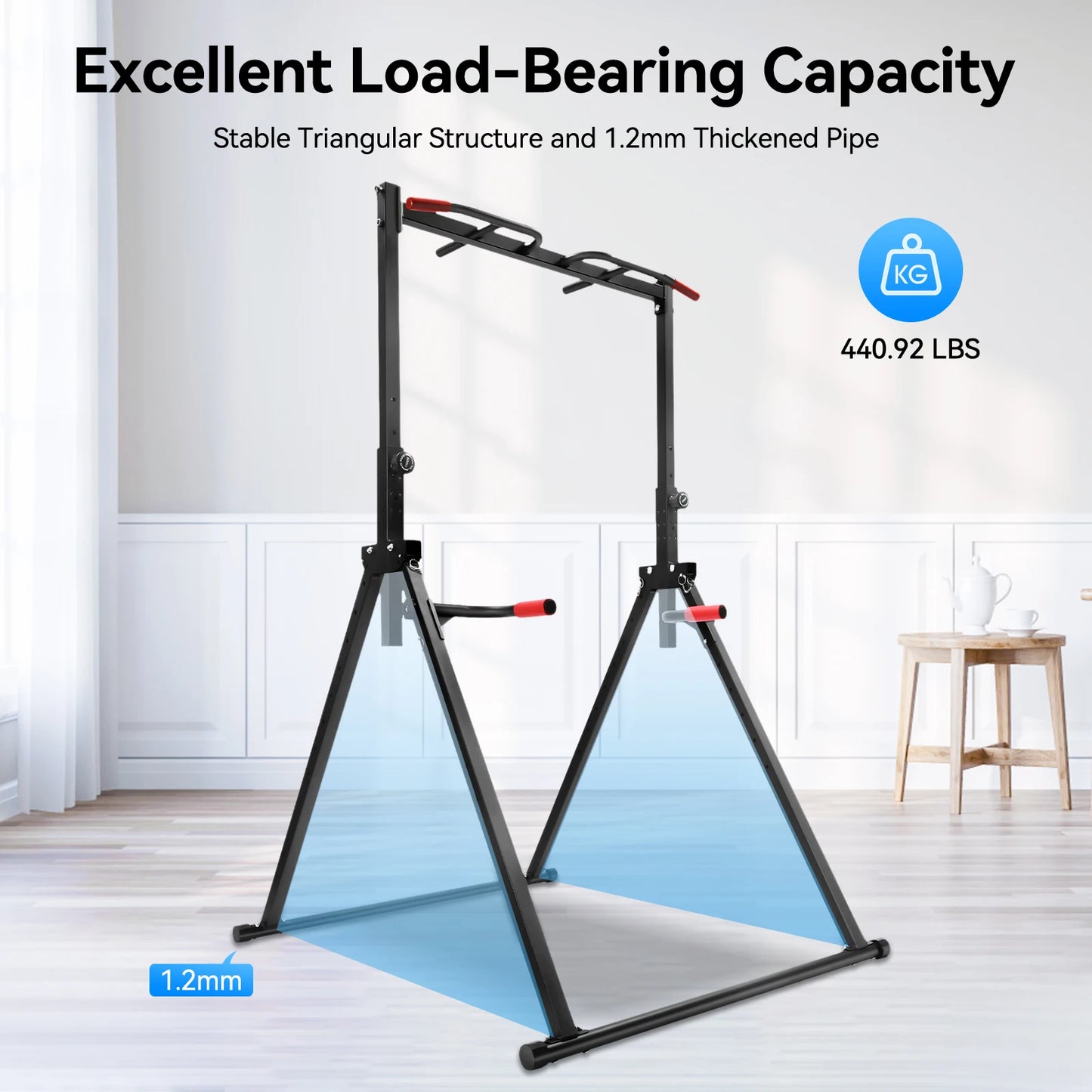 Elevate your home workouts with this sturdy, foldable pull-up bar system built for serious strength training.