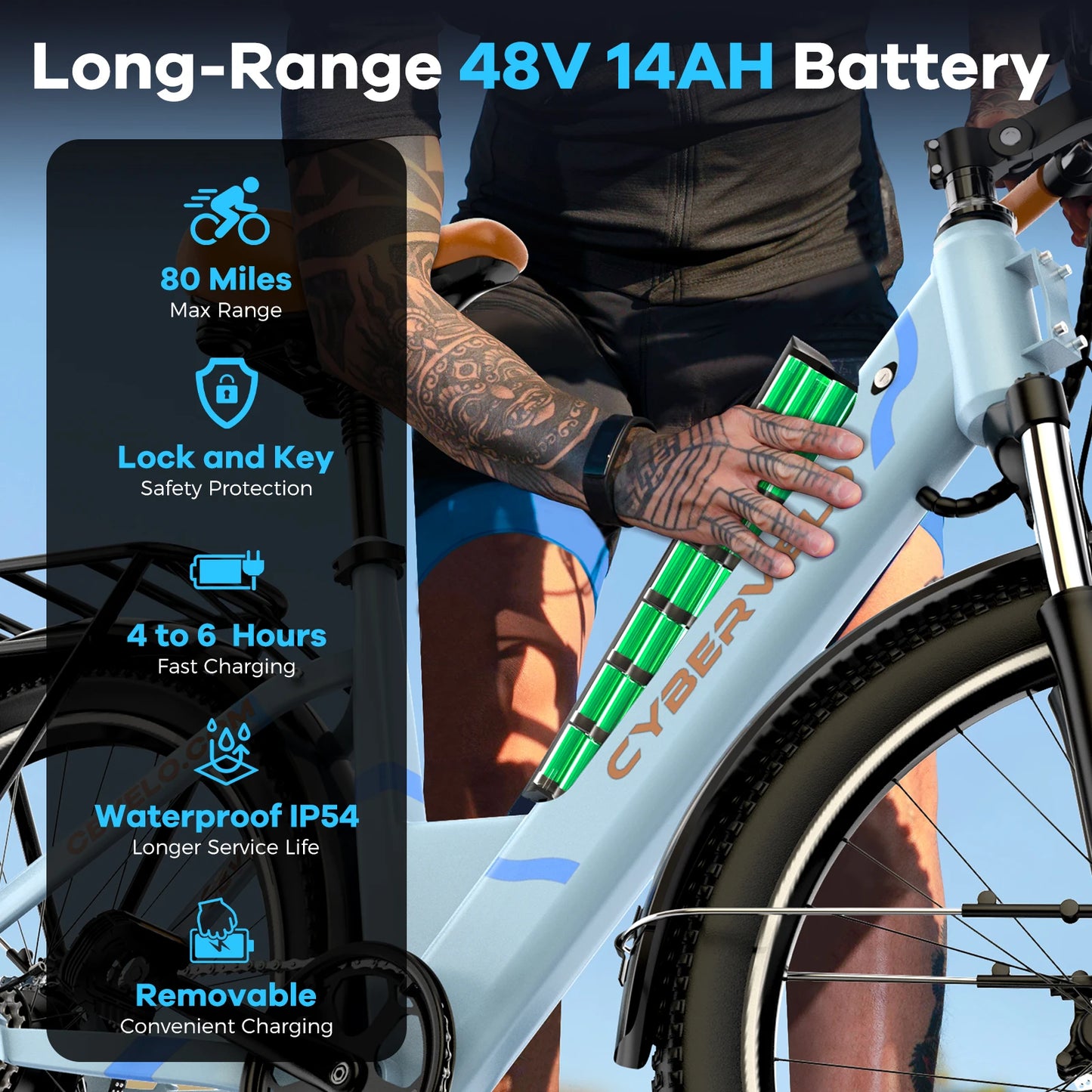 Cybervelo 26" Step-Thru Electric Bike for Adult,1000w Peak Motor 80Miles Range, 14ah Removable Battery City Commute Ebike EK2