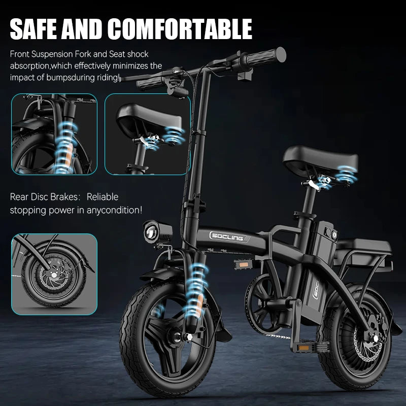 500W Electric Bicycles Ebike E-Bike For Adults, 3-Riding Modes, 14' Foldable Ebike, With Charger And Battery, MAX Speed 19.9 MPH, Rear Disc Brakes, With A Basket And Lock, Durable And Lightweight Frame, All-Terrain Foldable E