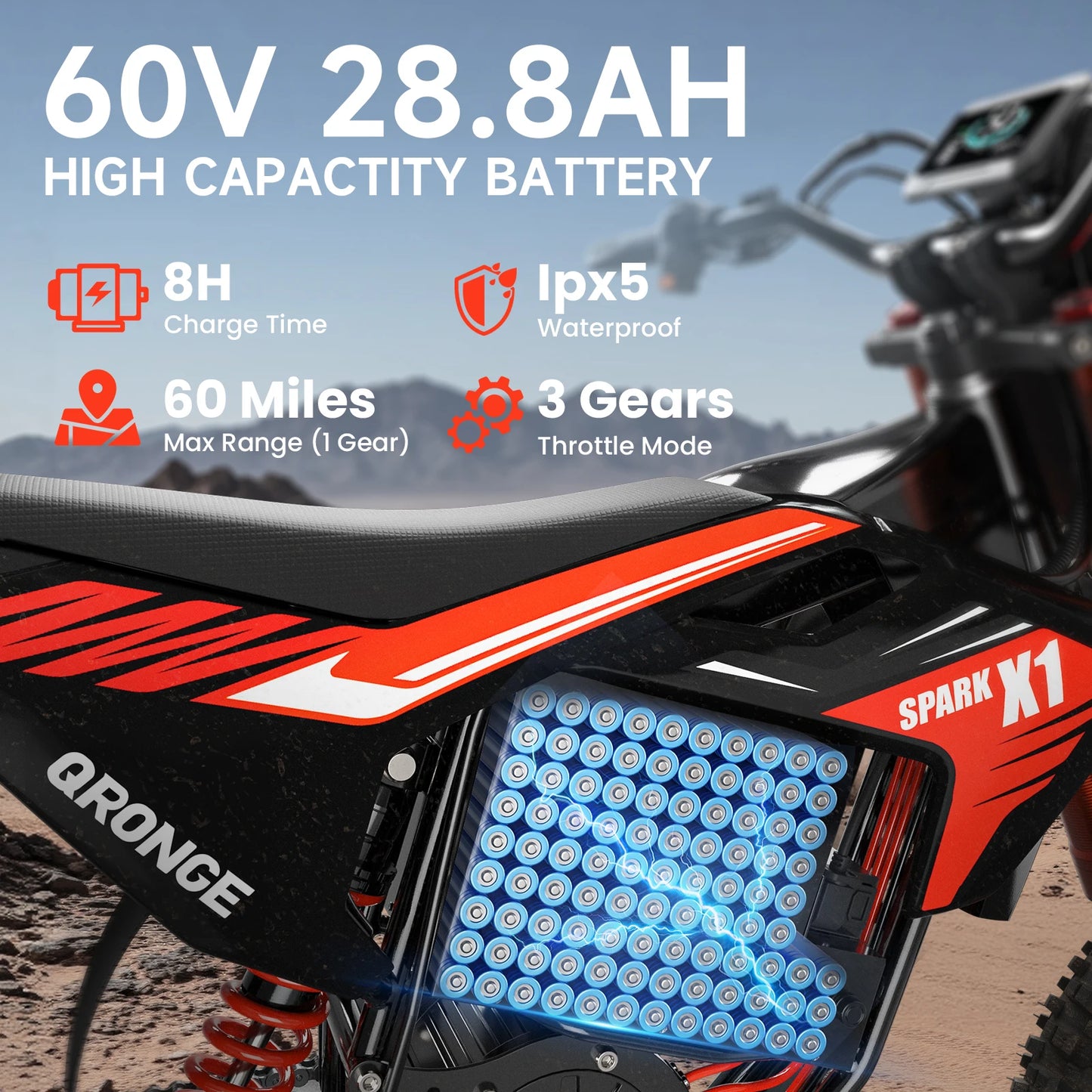 QRONGE X1 Spark Electric Dirt Bike 4500W Peak 60V 60 Mile Range